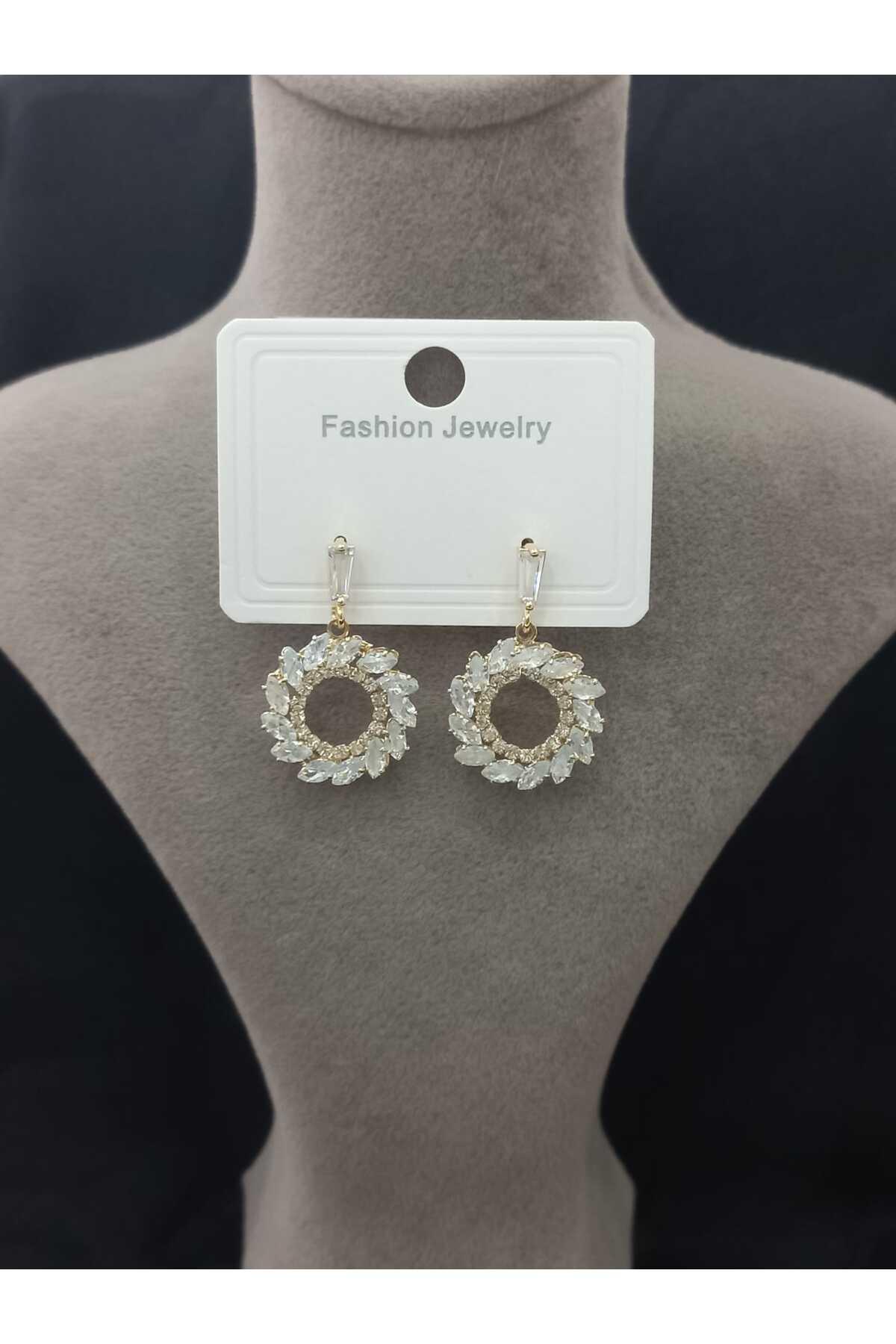 Gold Renk Zirkon Taşlı Kadın Küpe