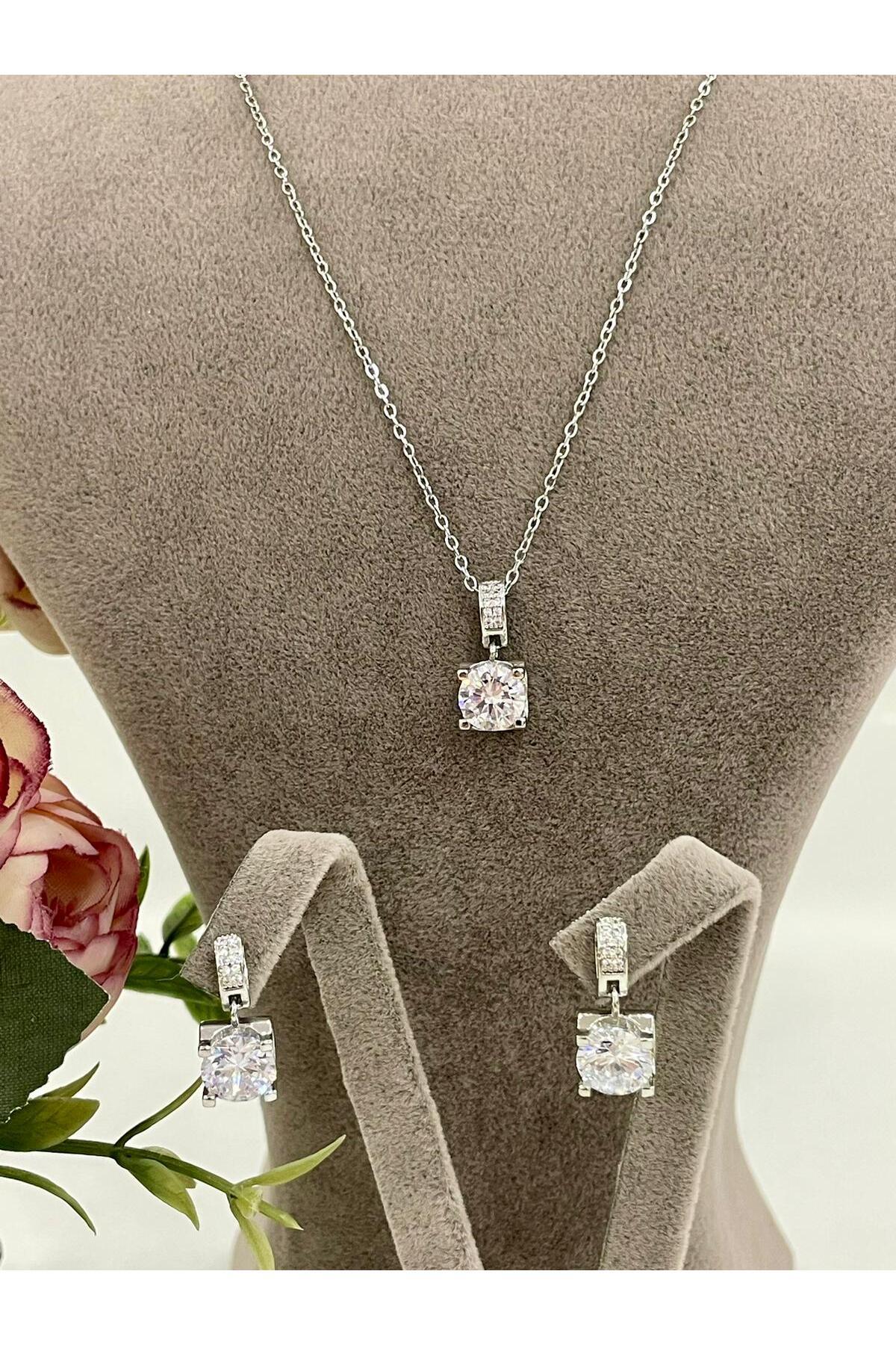 Çelik Karo Detay Şeffaf Kare Taş Kolye Seti - Görsel 3