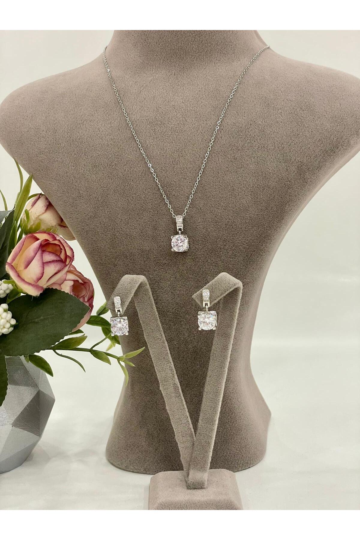 Çelik Karo Detay Şeffaf Kare Taş Kolye Seti - Görsel 4