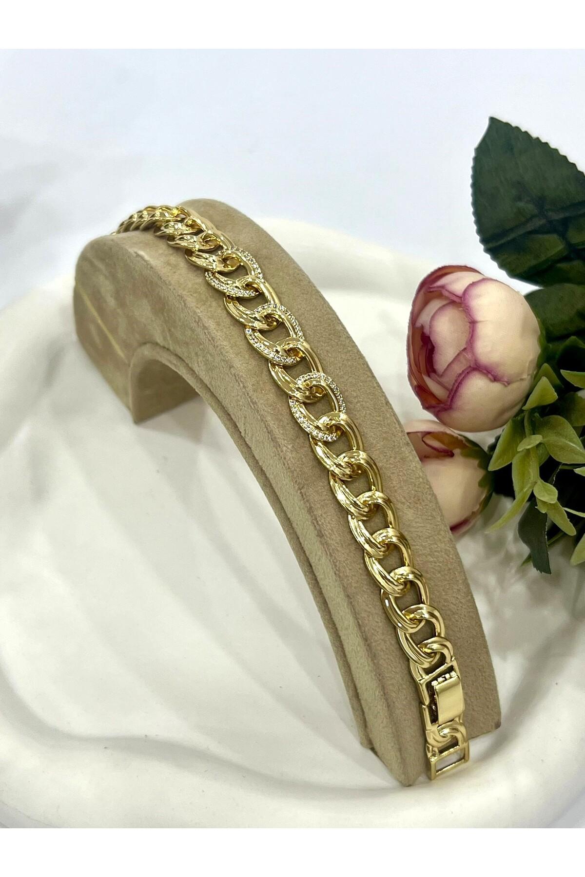 Büyük Samanyolu Zirkon Taşlı Çelik Bileklik (14K Gold / 16+2cm) - Görsel 4