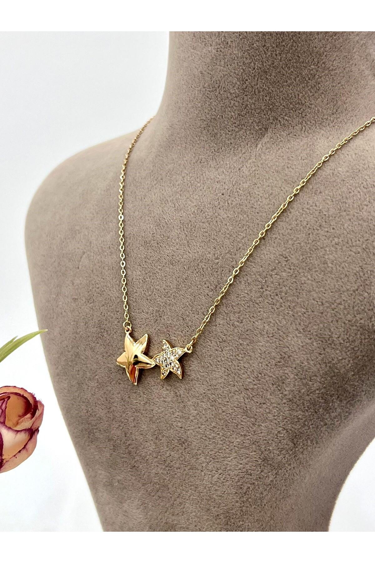 Çift Yıldızlı Zirkon Taşlı Çelik Kolye (18k Gold 45+3cm)