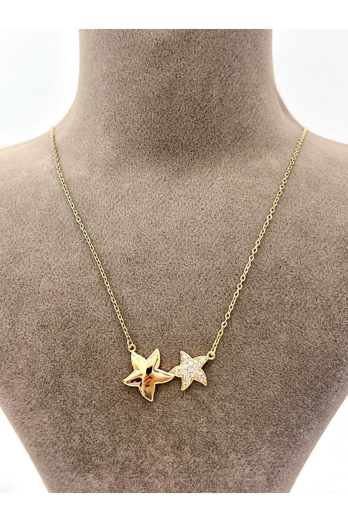 Çift Yıldızlı Zirkon Taşlı Çelik Kolye (18k Gold 45+3cm) - Görsel 4