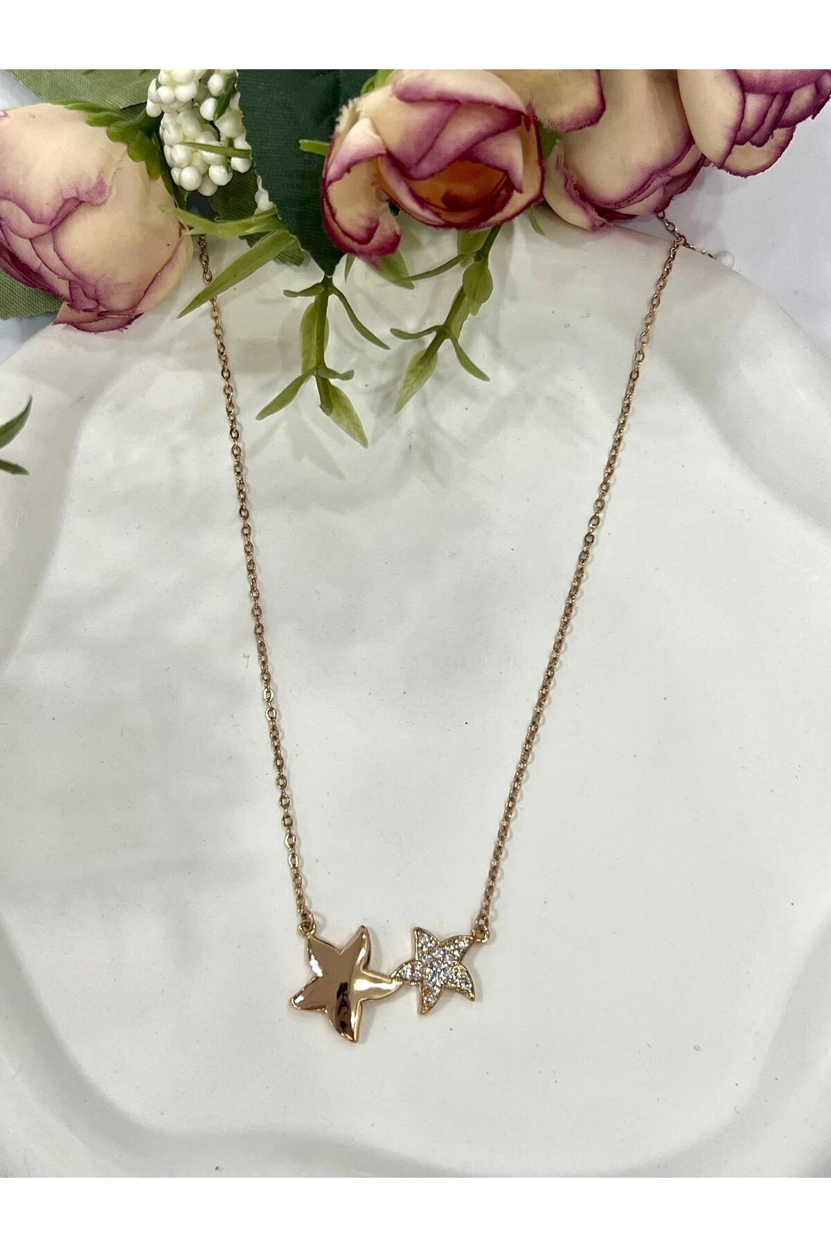 Çift Yıldızlı Zirkon Taşlı Çelik Kolye (18k Gold 45+3cm) - Görsel 8