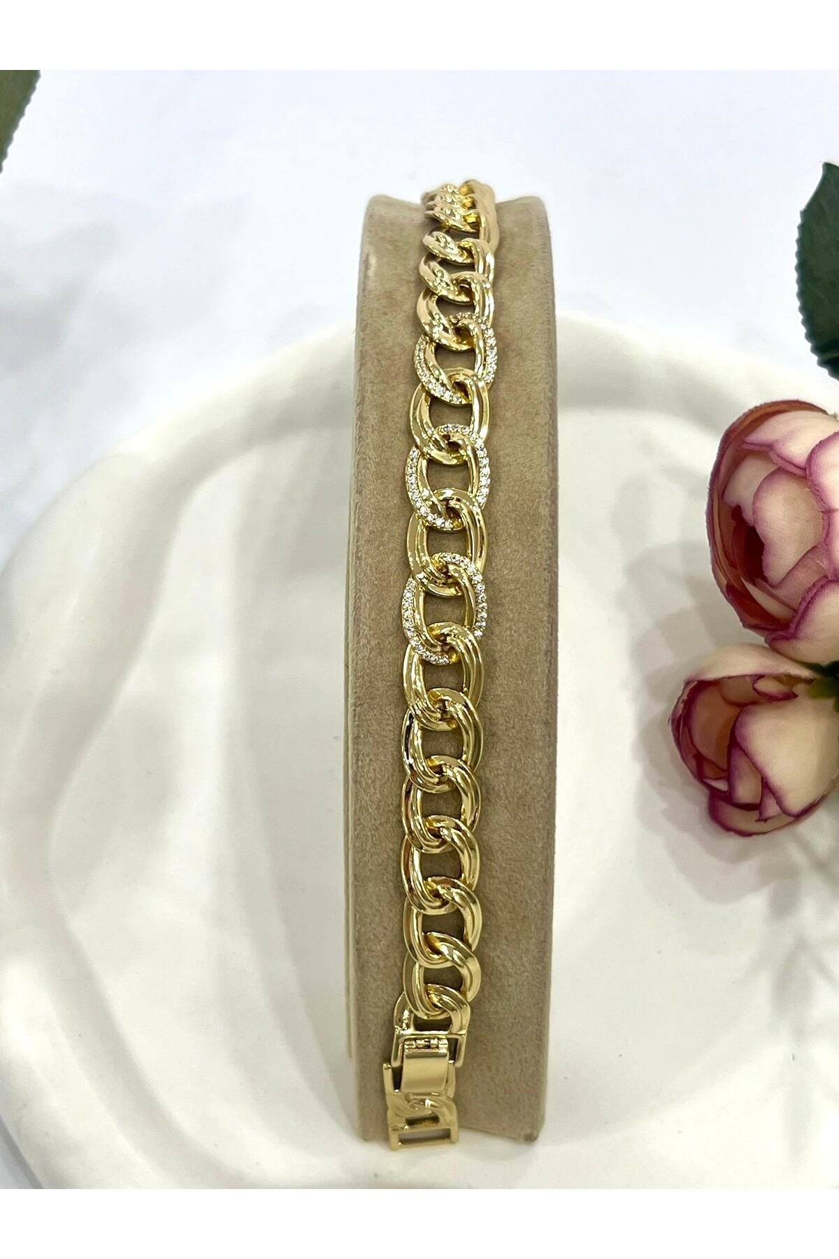 Büyük Samanyolu Zirkon Taşlı Çelik Bileklik (14K Gold / 16+2cm) - Görsel 7