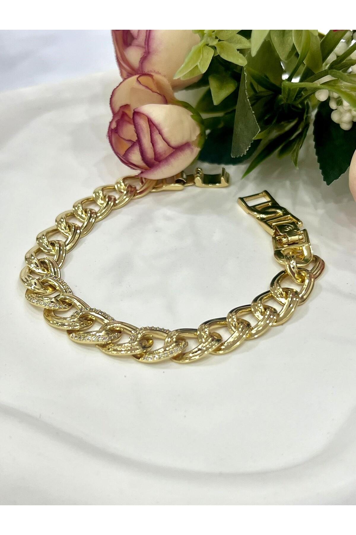 Büyük Samanyolu Zirkon Taşlı Çelik Bileklik (14K Gold / 16+2cm) - Görsel 2