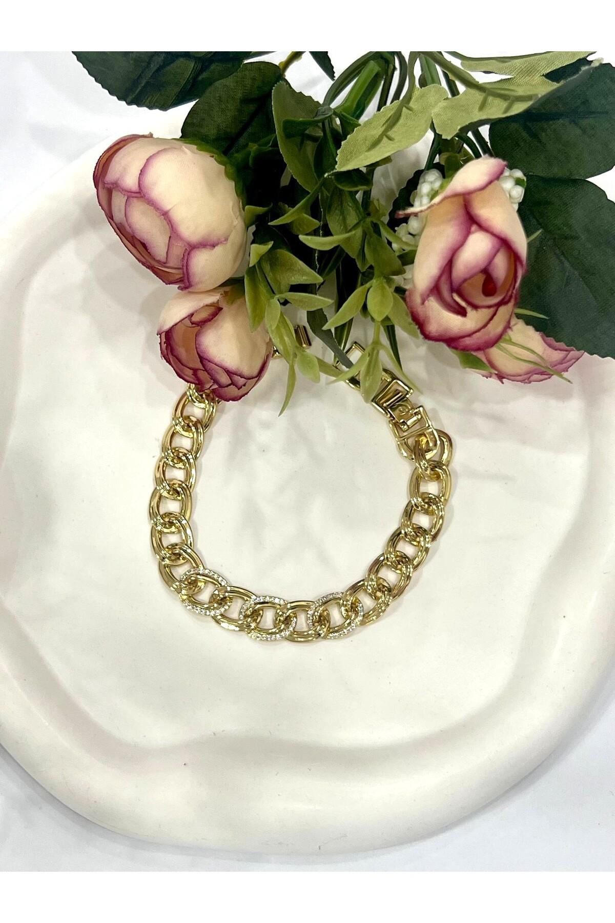 Büyük Samanyolu Zirkon Taşlı Çelik Bileklik (14K Gold / 16+2cm) - Görsel 6