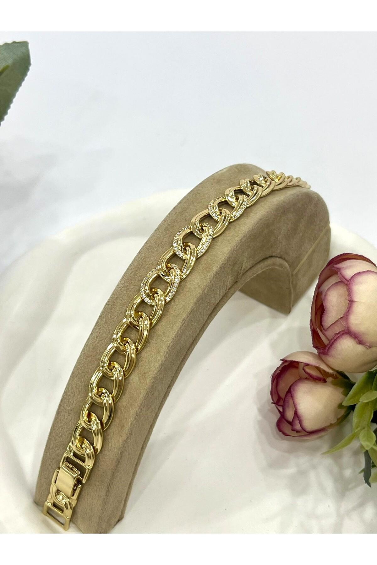 Büyük Samanyolu Zirkon Taşlı Çelik Bileklik (14K Gold / 16+2cm)