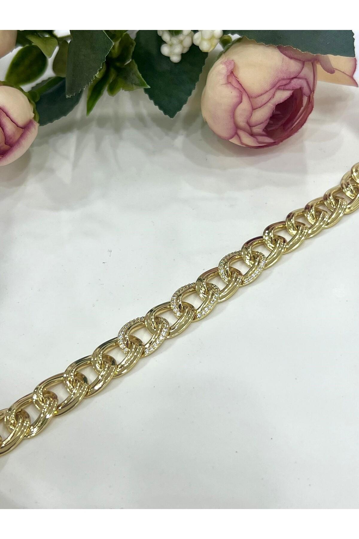 Büyük Samanyolu Zirkon Taşlı Çelik Bileklik (14K Gold / 16+2cm) - Görsel 5