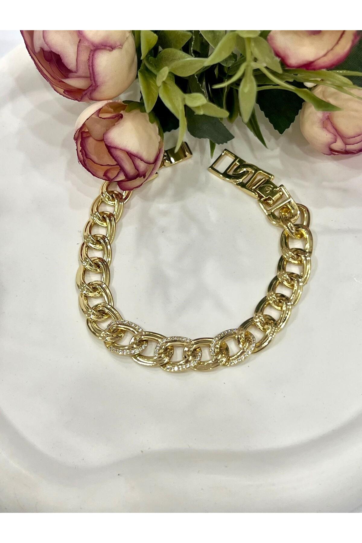 Büyük Samanyolu Zirkon Taşlı Çelik Bileklik (14K Gold / 16+2cm) - Görsel 8