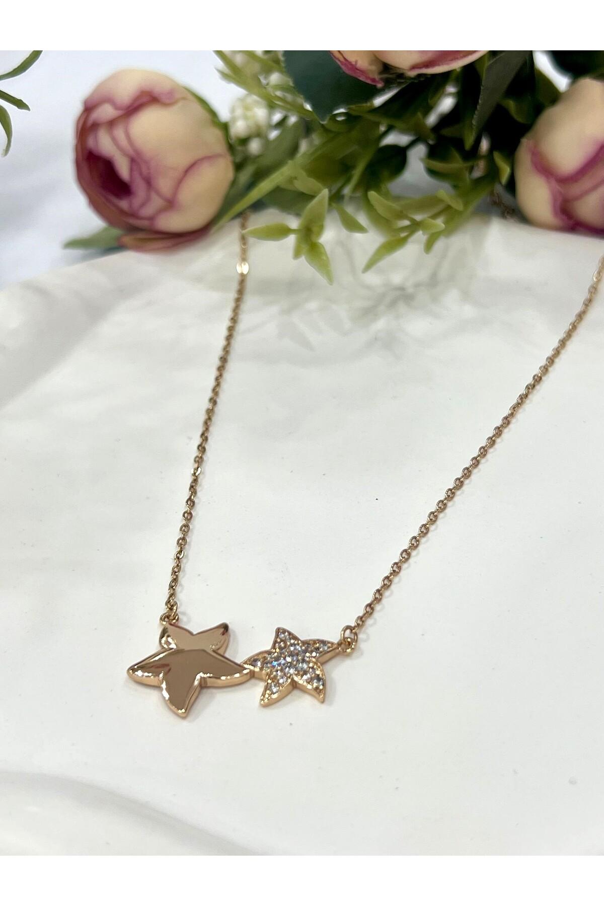 Çift Yıldızlı Zirkon Taşlı Çelik Kolye (18k Gold 45+3cm) - Görsel 7