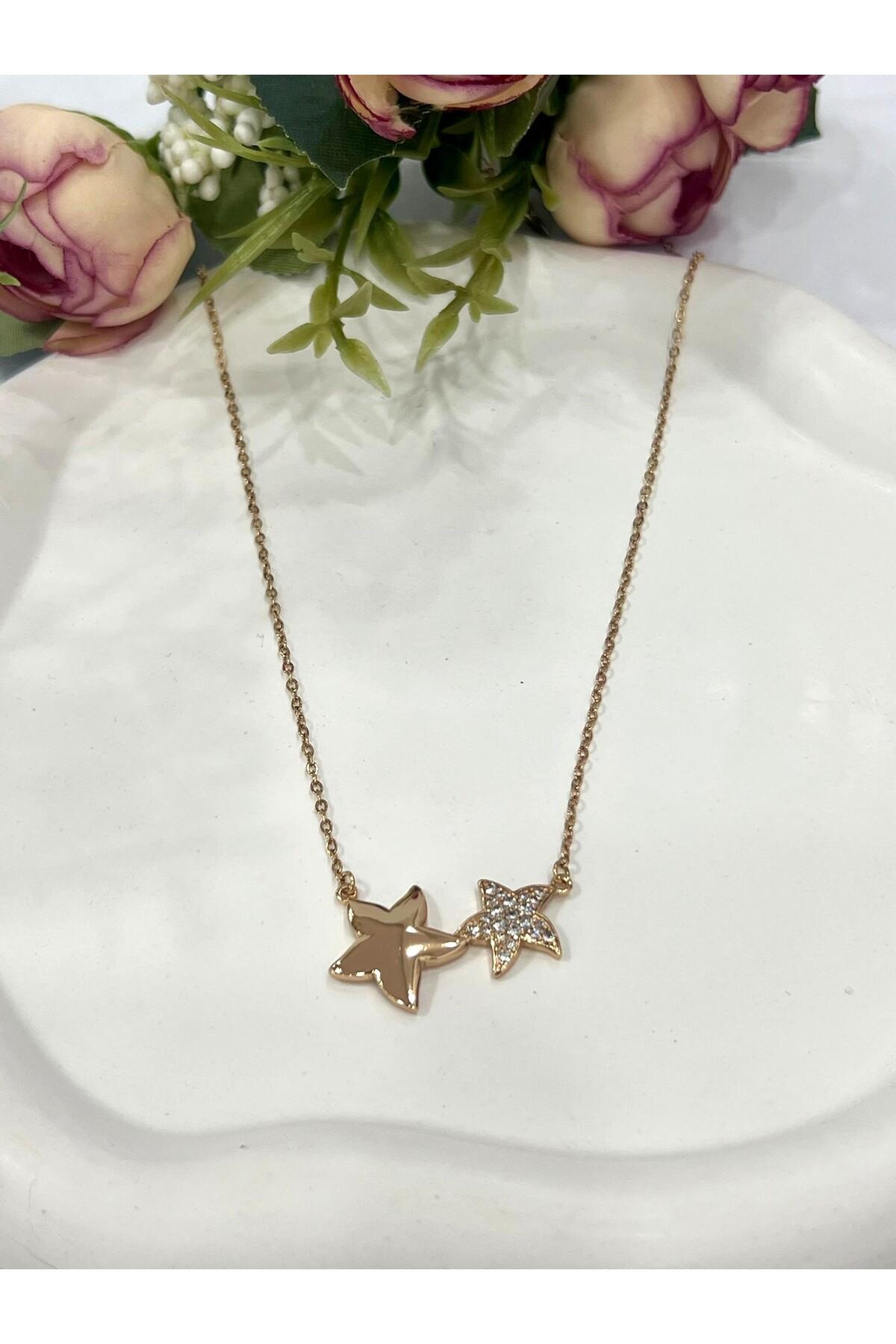 Çift Yıldızlı Zirkon Taşlı Çelik Kolye (18k Gold 45+3cm) - Görsel 5