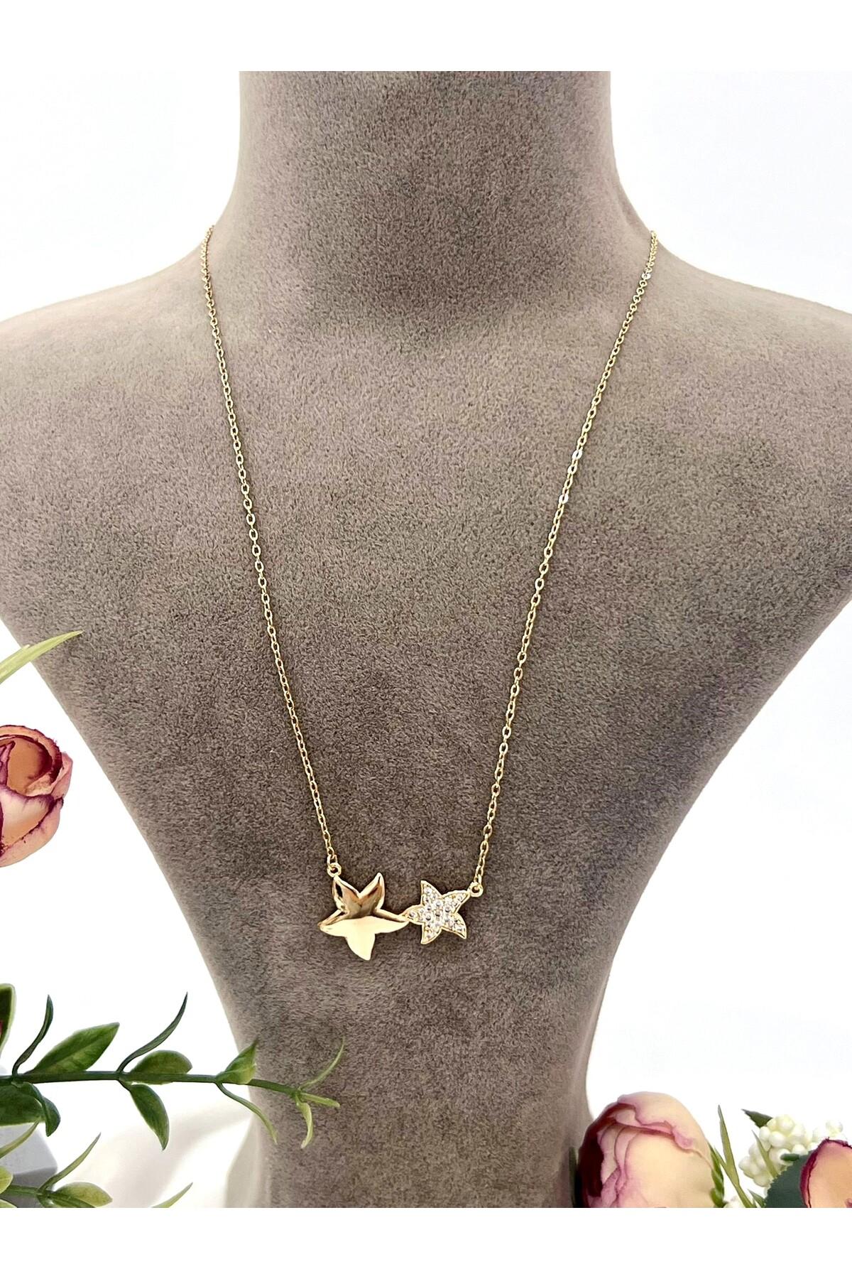 Çift Yıldızlı Zirkon Taşlı Çelik Kolye (18k Gold 45+3cm) - Görsel 6