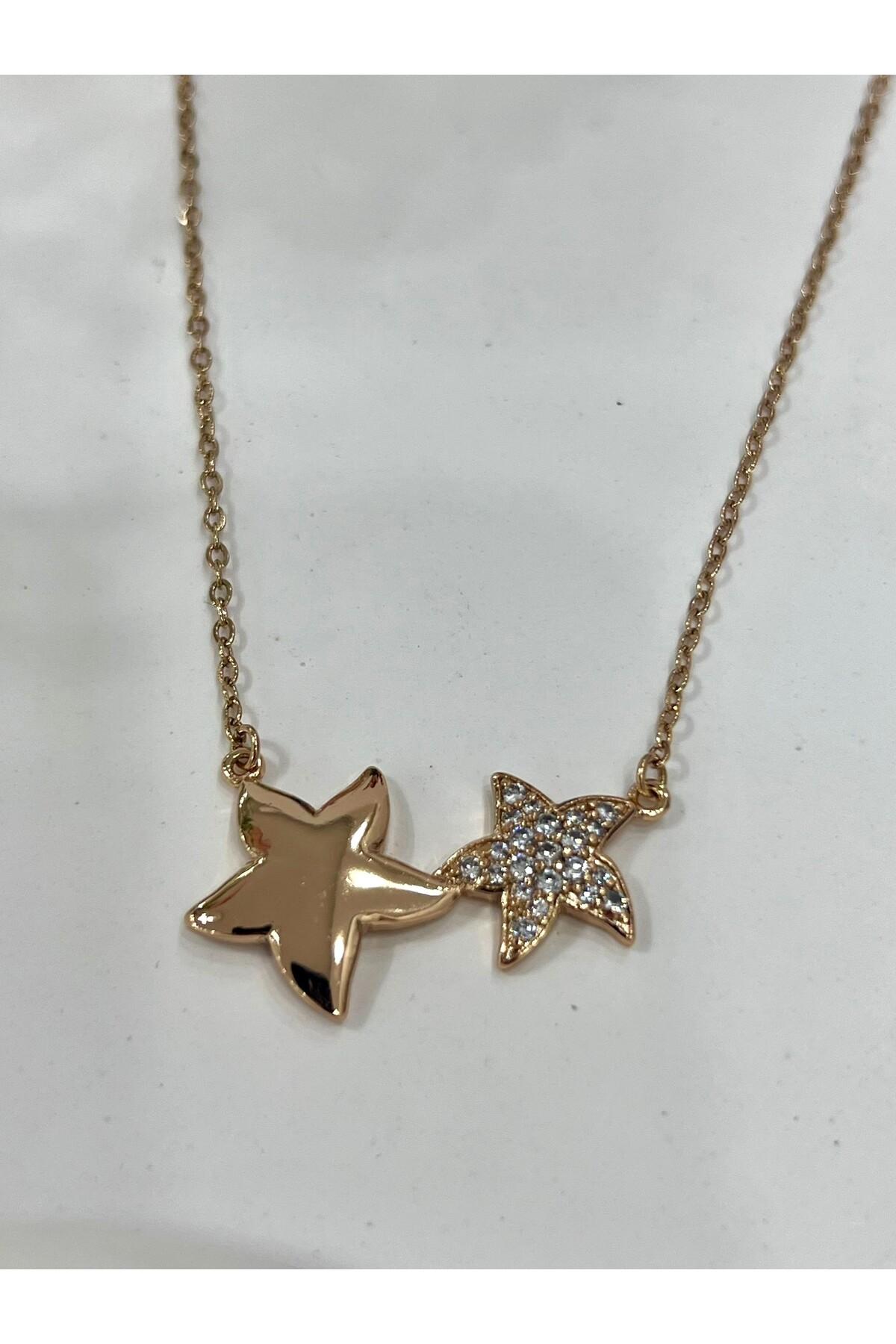 Çift Yıldızlı Zirkon Taşlı Çelik Kolye (18k Gold 45+3cm) - Görsel 2