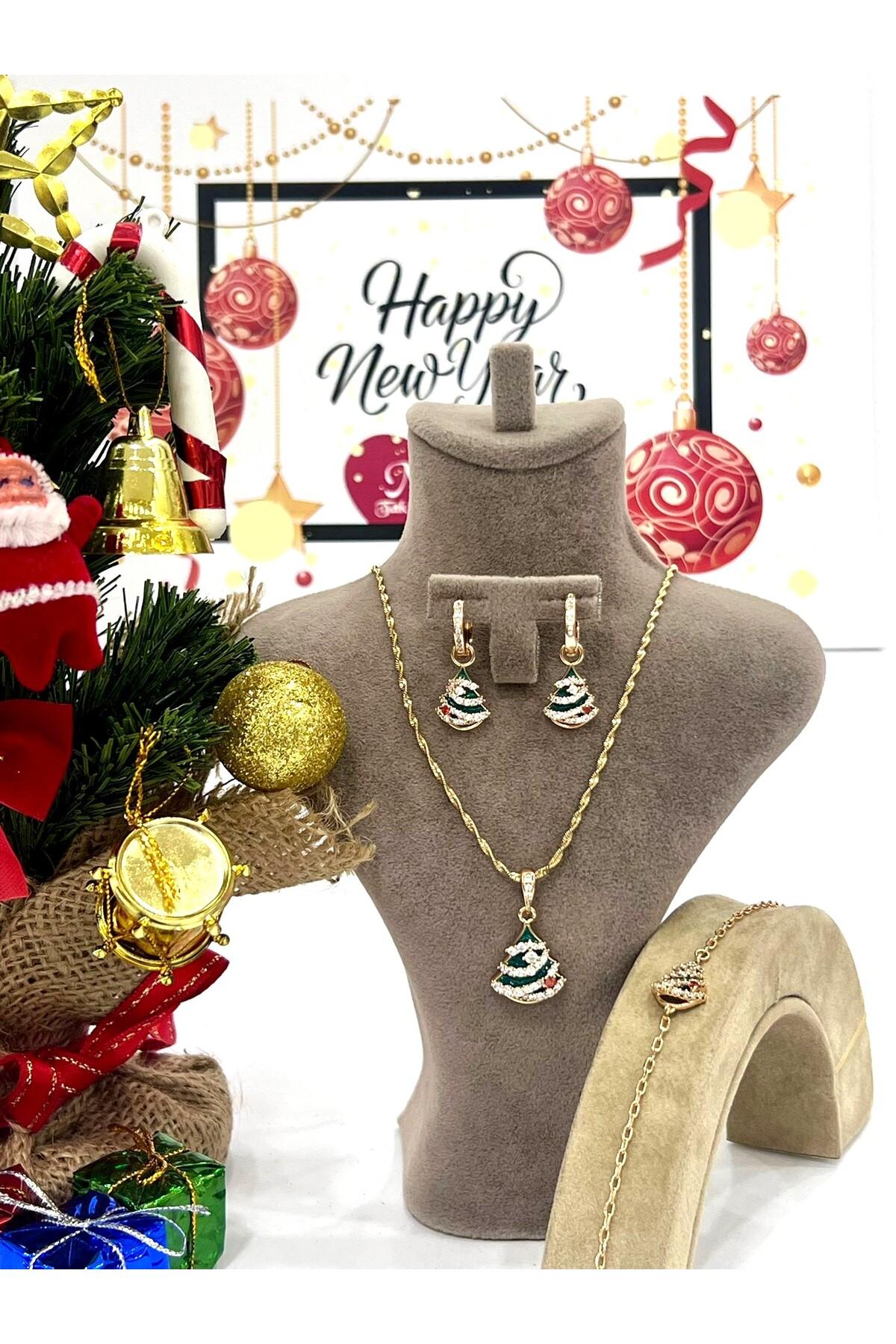 Yılbaşı Noel Çam Ağacı Hediyelik Kolye Set (18K ROSE/50CM)
