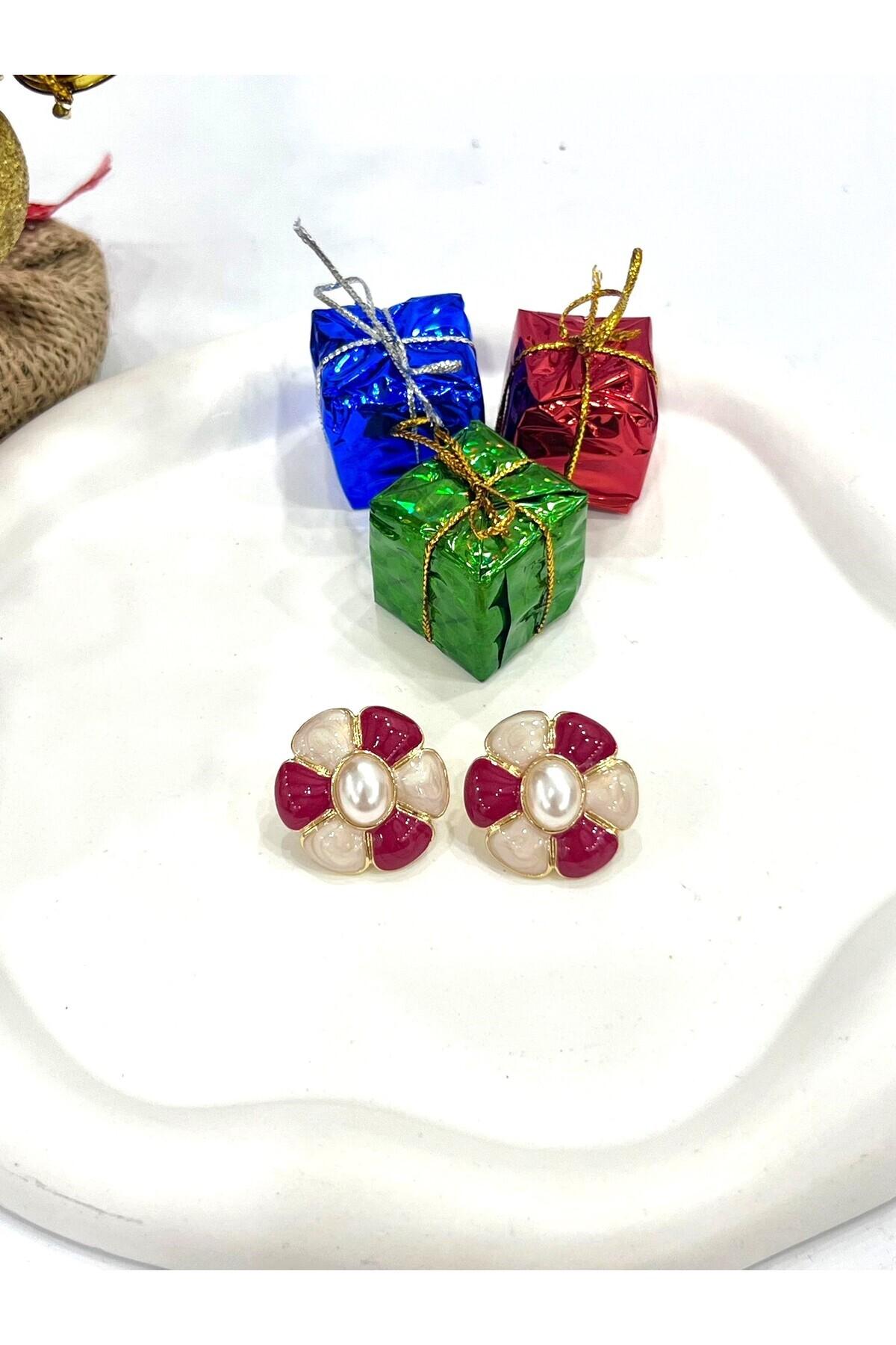 Kırmızı Beyaz Papatya Küpe (2.5x2,5cm) - Görsel 3