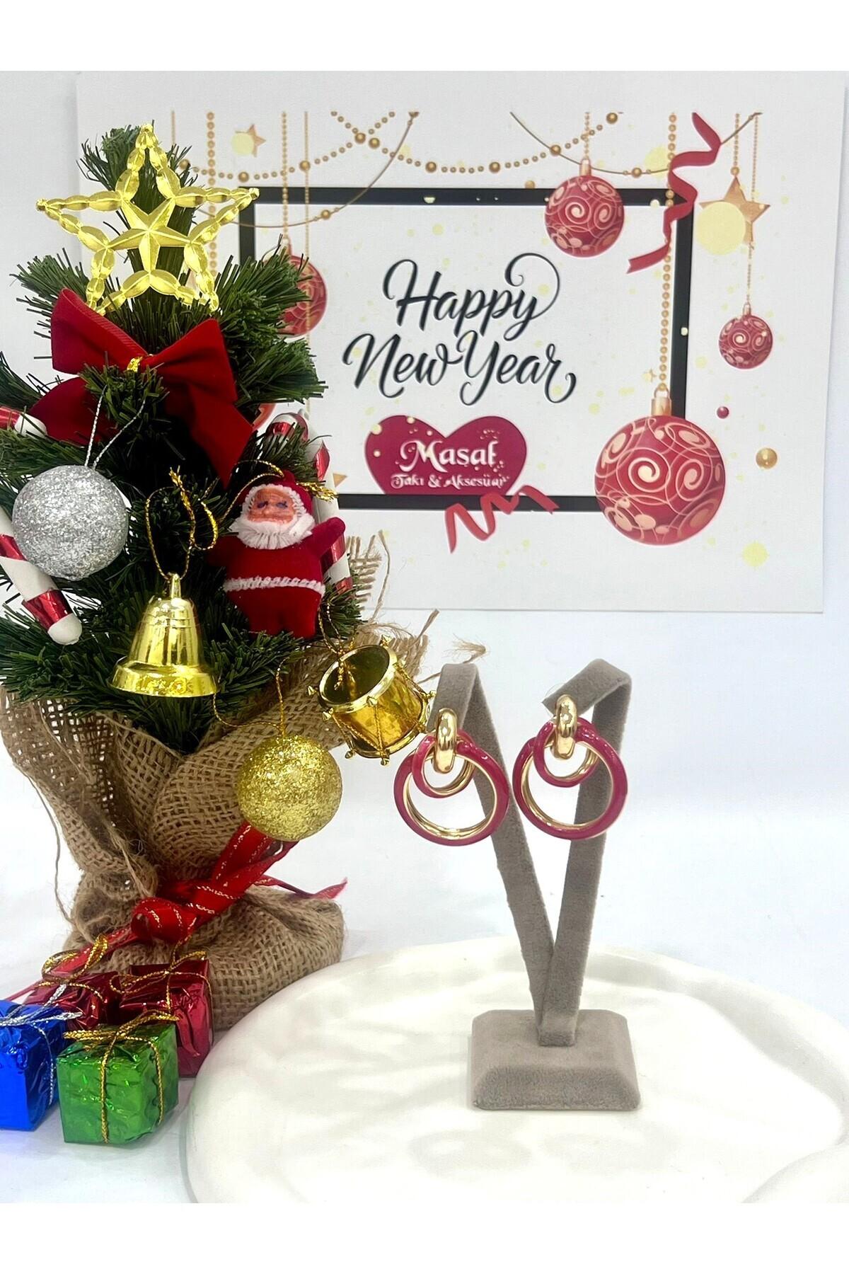 Tasarım Halka Gold Kırmızı Küpe (3.5x3cm) - Görsel 2