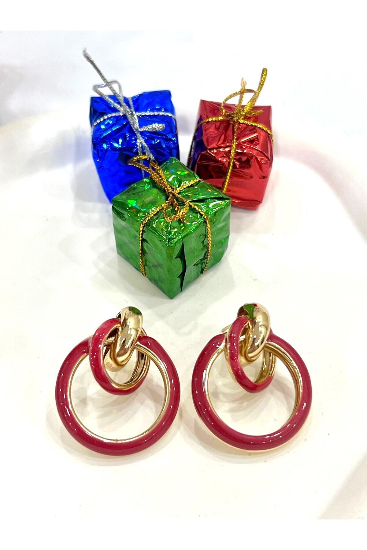 Tasarım Halka Gold Kırmızı Küpe (3.5x3cm) - Görsel 7