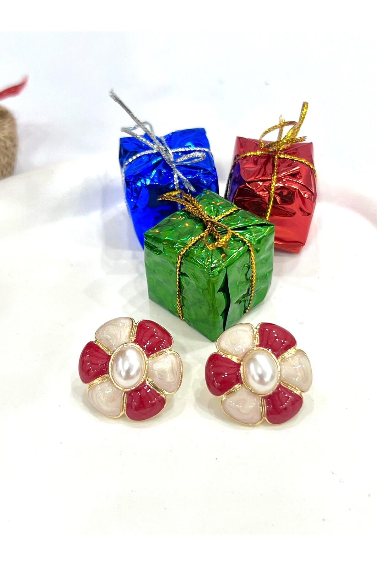 Kırmızı Beyaz Papatya Küpe (2.5x2,5cm) - Görsel 5