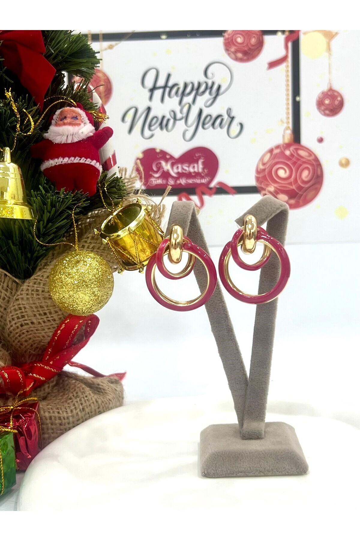 Tasarım Halka Gold Kırmızı Küpe (3.5x3cm) - Görsel 5