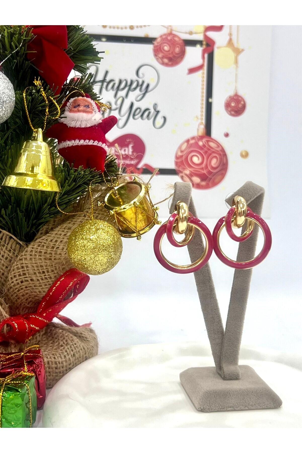 Tasarım Halka Gold Kırmızı Küpe (3.5x3cm) - Görsel 3