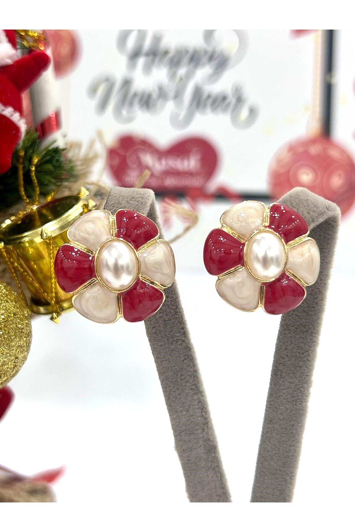 Kırmızı Beyaz Papatya Küpe (2.5x2,5cm)