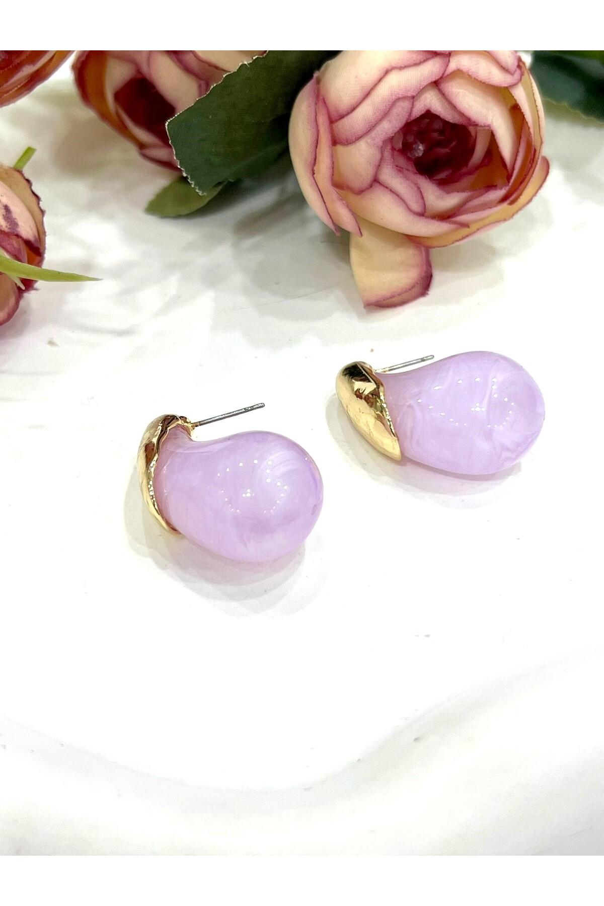 Tasarım Mineli Damla Küpe Mor (1,5x3cm) - Görsel 2