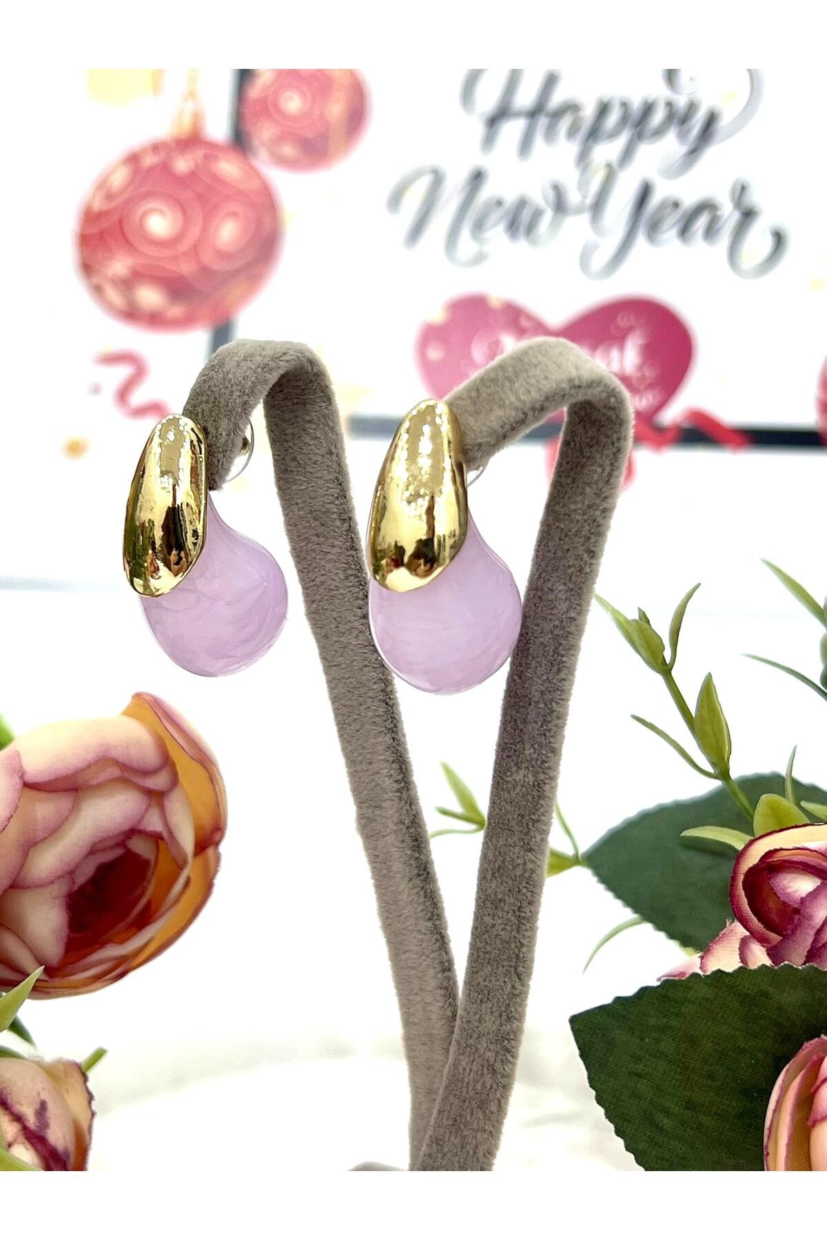 Tasarım Mineli Damla Küpe Mor (1,5x3cm) - Görsel 3