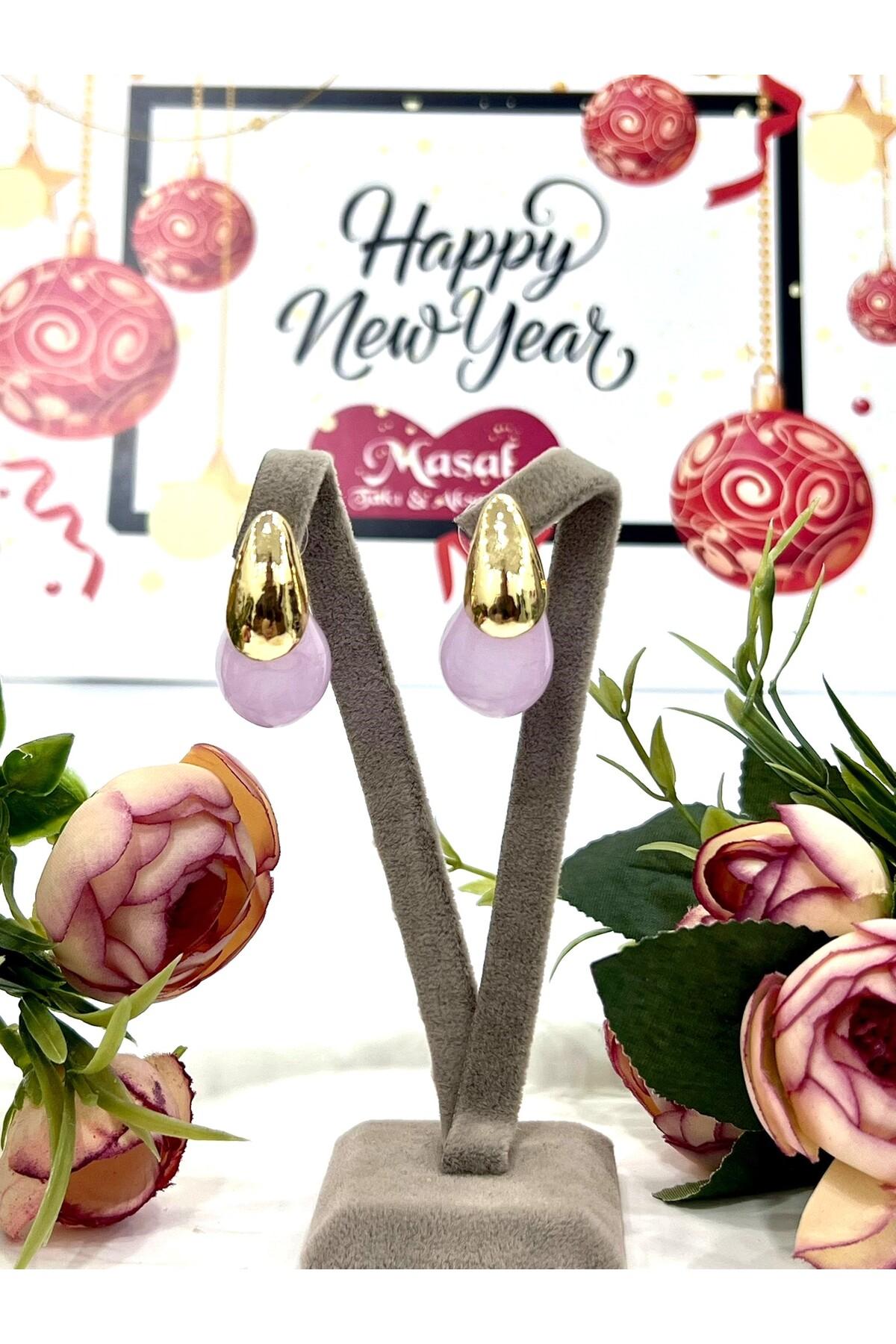 Tasarım Mineli Damla Küpe Mor (1,5x3cm) - Görsel 5