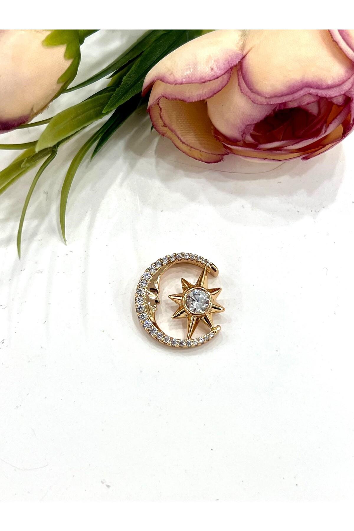 Zirkon Taş Detaylı Ay Kuzey Yıldız Kolye Ucu (18k Gold 2x2cm) - Görsel 3