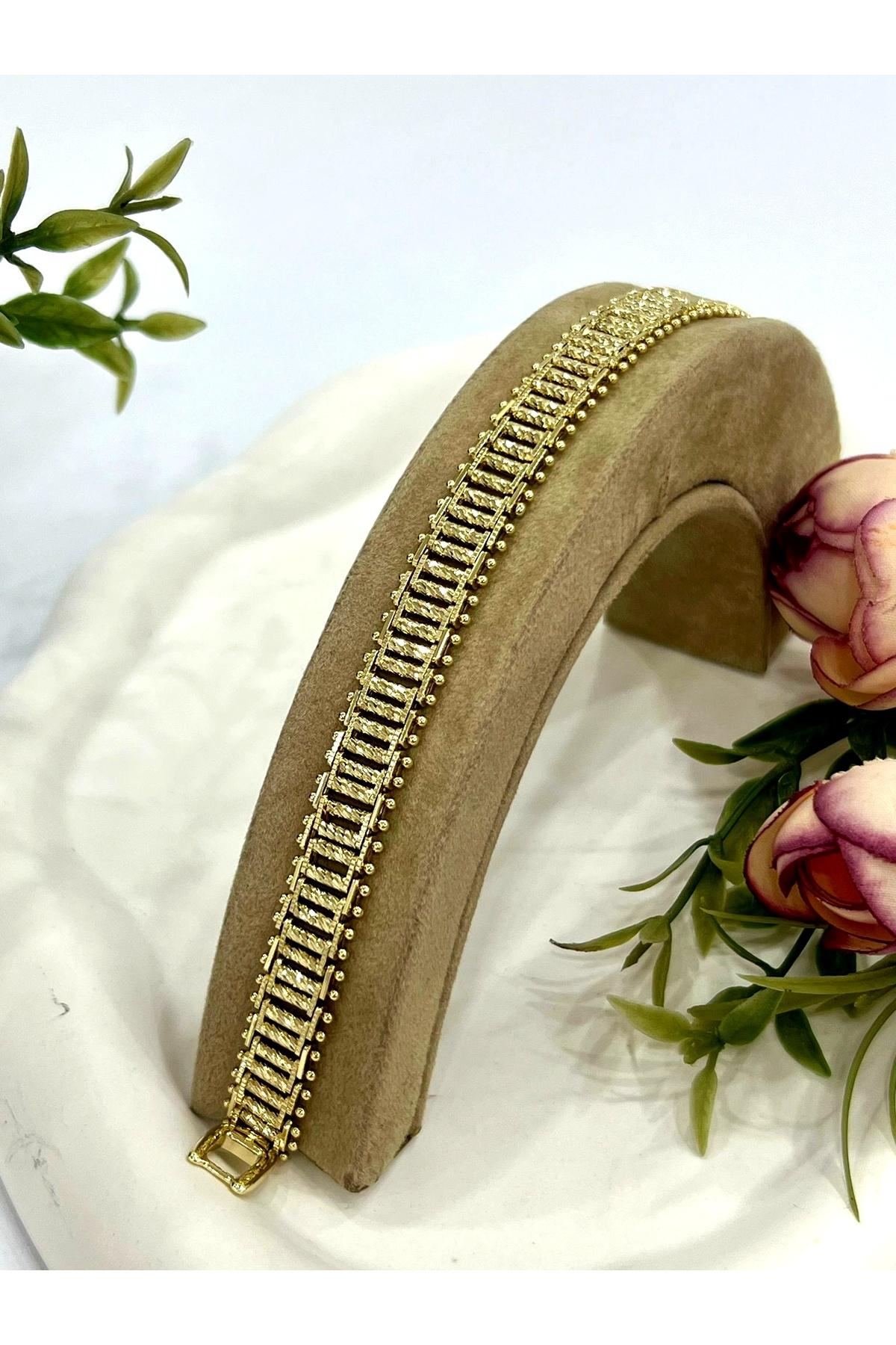 İşlemeli Silindir Detay Çelik Bileklik (14K Gold)