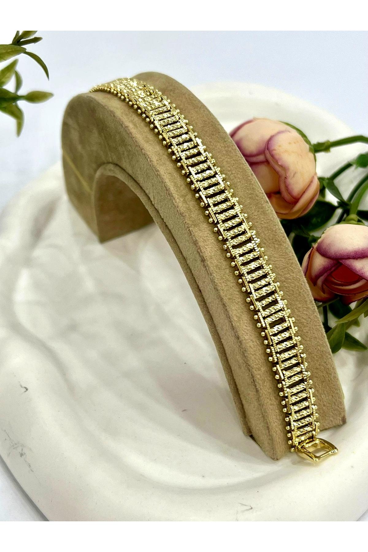 İşlemeli Silindir Detay Çelik Bileklik (14K Gold) - Görsel 5