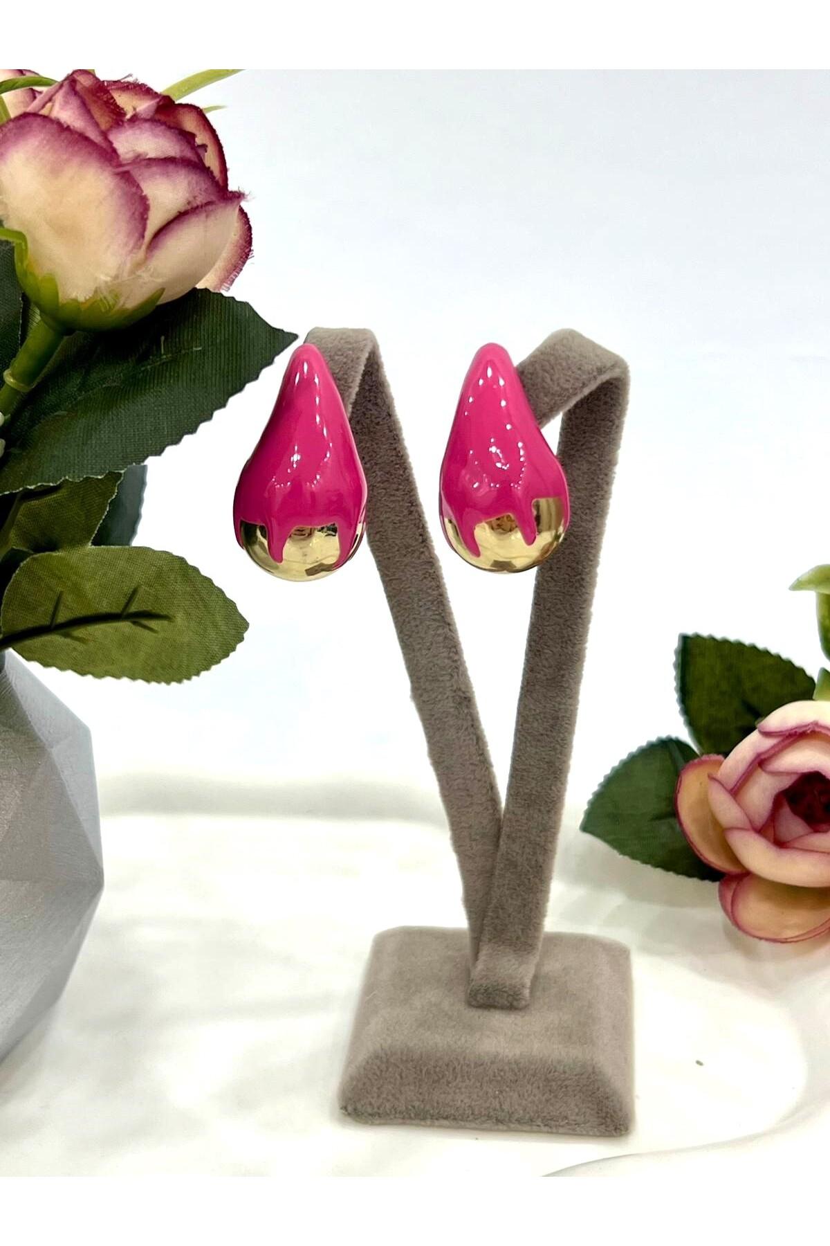 Tasarım Mineli Damla Küpe Pembe (1,5x3cm) - Görsel 3