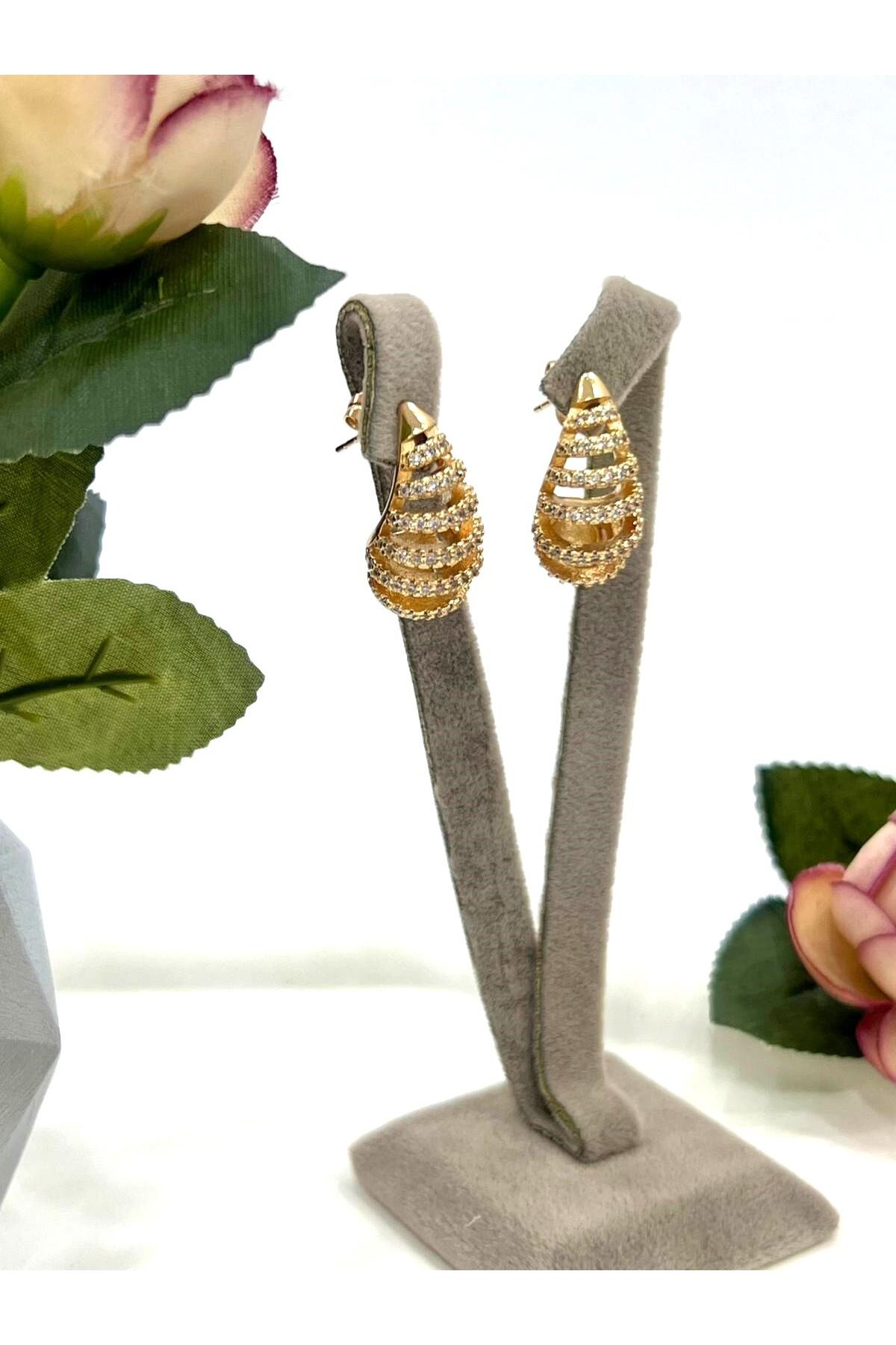 Zirkon Taşlı Kesik Bombeli Plaka Damla Model Küpe (18K ROSE/1,5X2CM) - Görsel 5