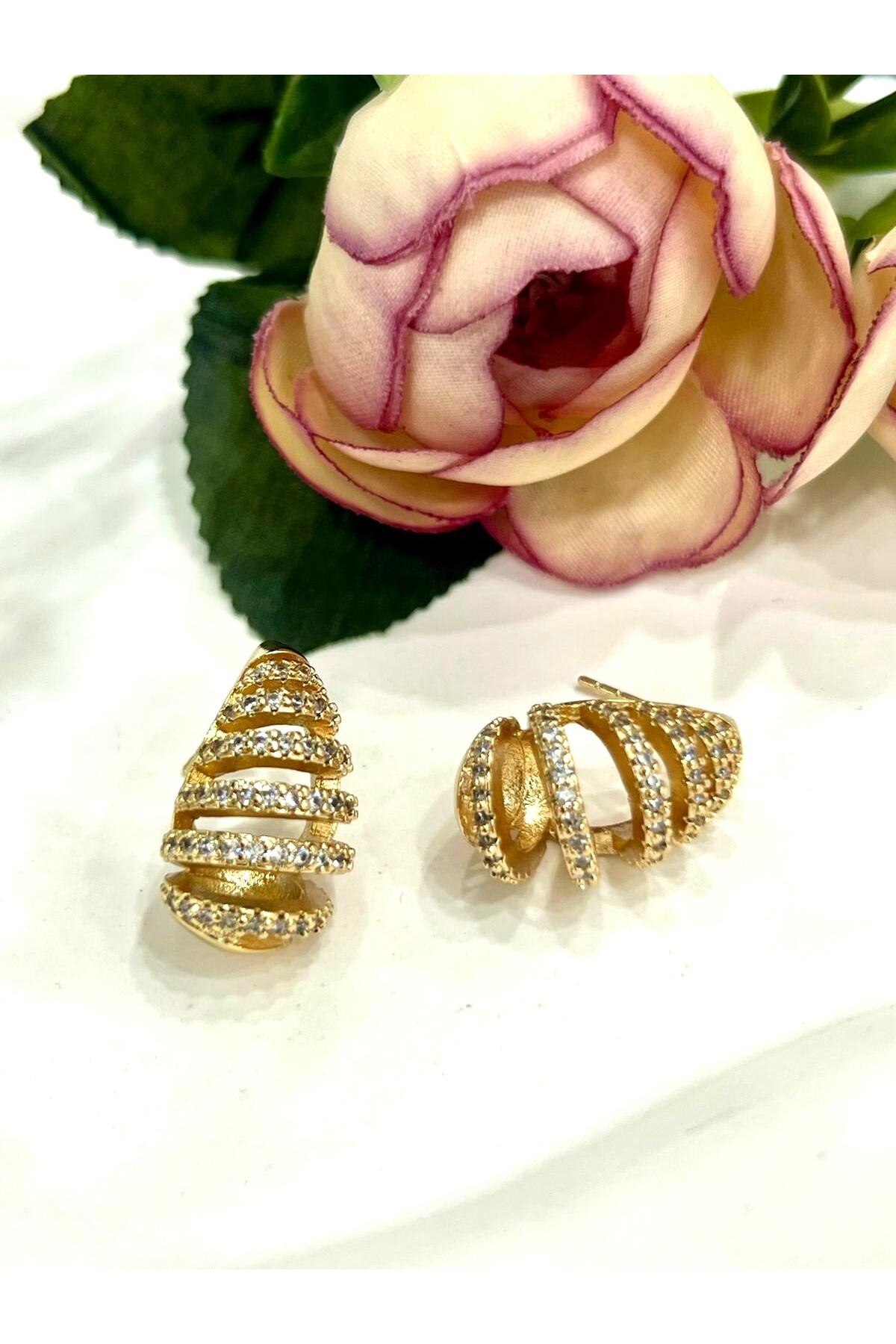 Zirkon Taşlı Kesik Bombeli Plaka Damla Model Küpe (18K ROSE/1,5X2CM) - Görsel 2