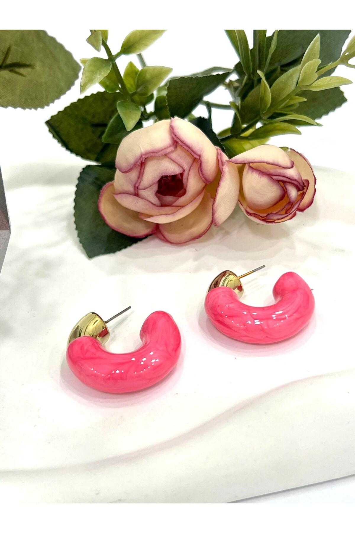 Krem Rengi Pembe Çift Renk Küpe (3x3cm) - Görsel 2