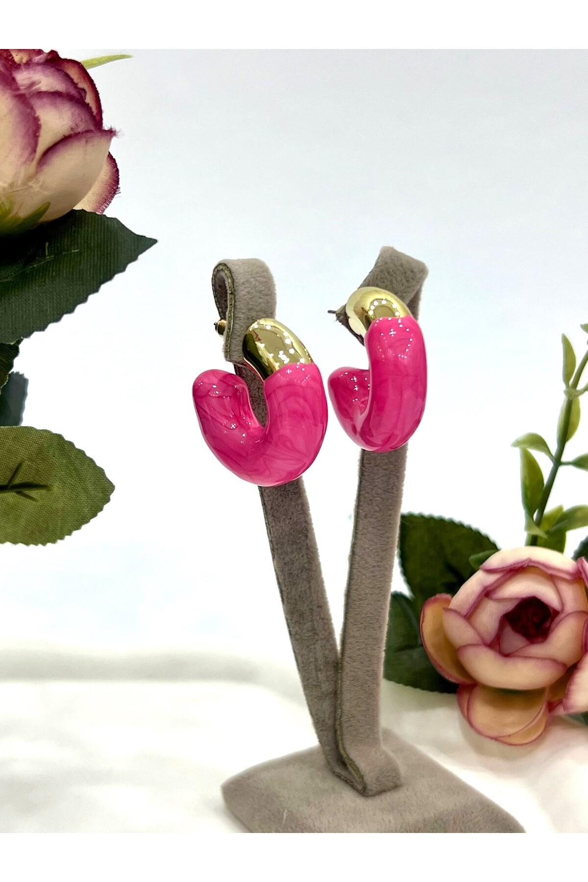 Krem Rengi Pembe Çift Renk Küpe (3x3cm) - Görsel 3