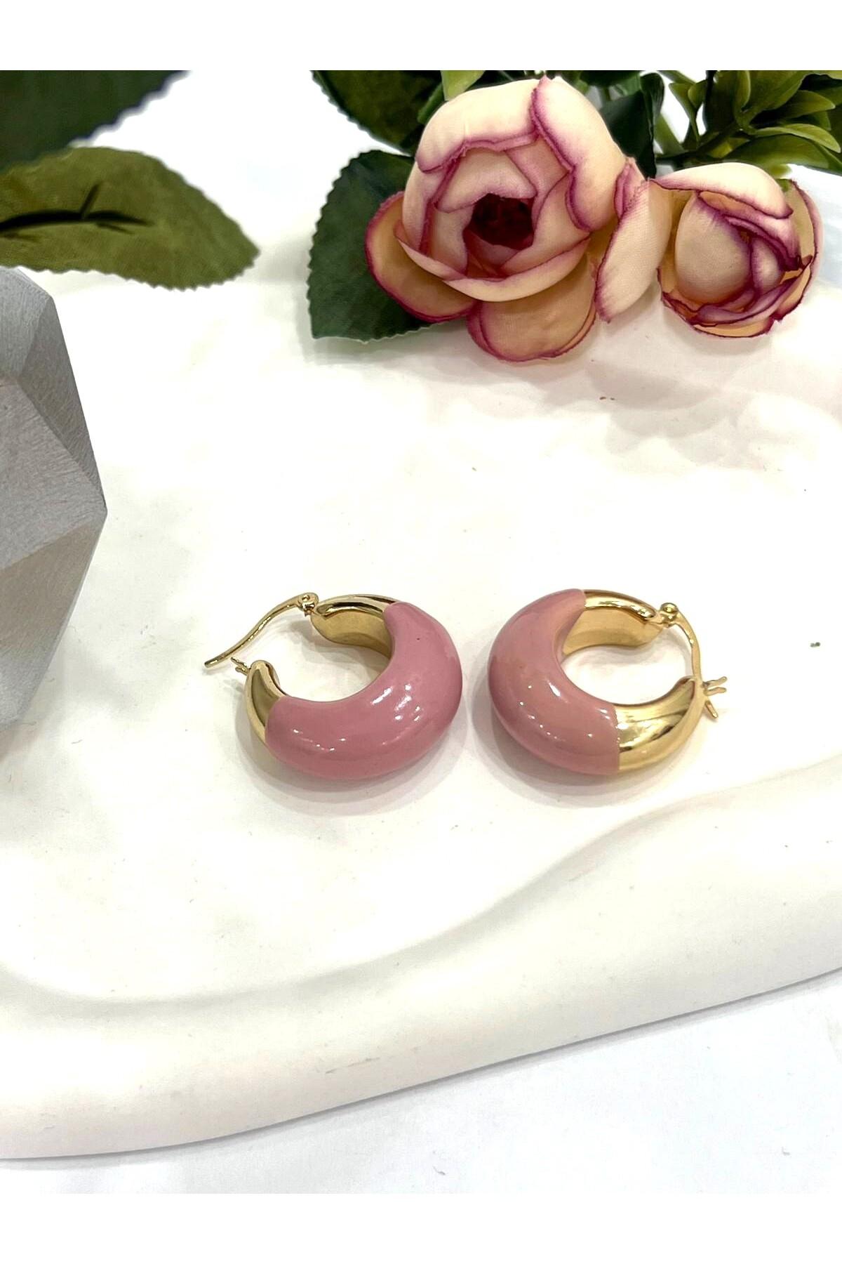 Mineli Tam Halka Metal Gold Pembe Küpe (3x3cm) - Görsel 4