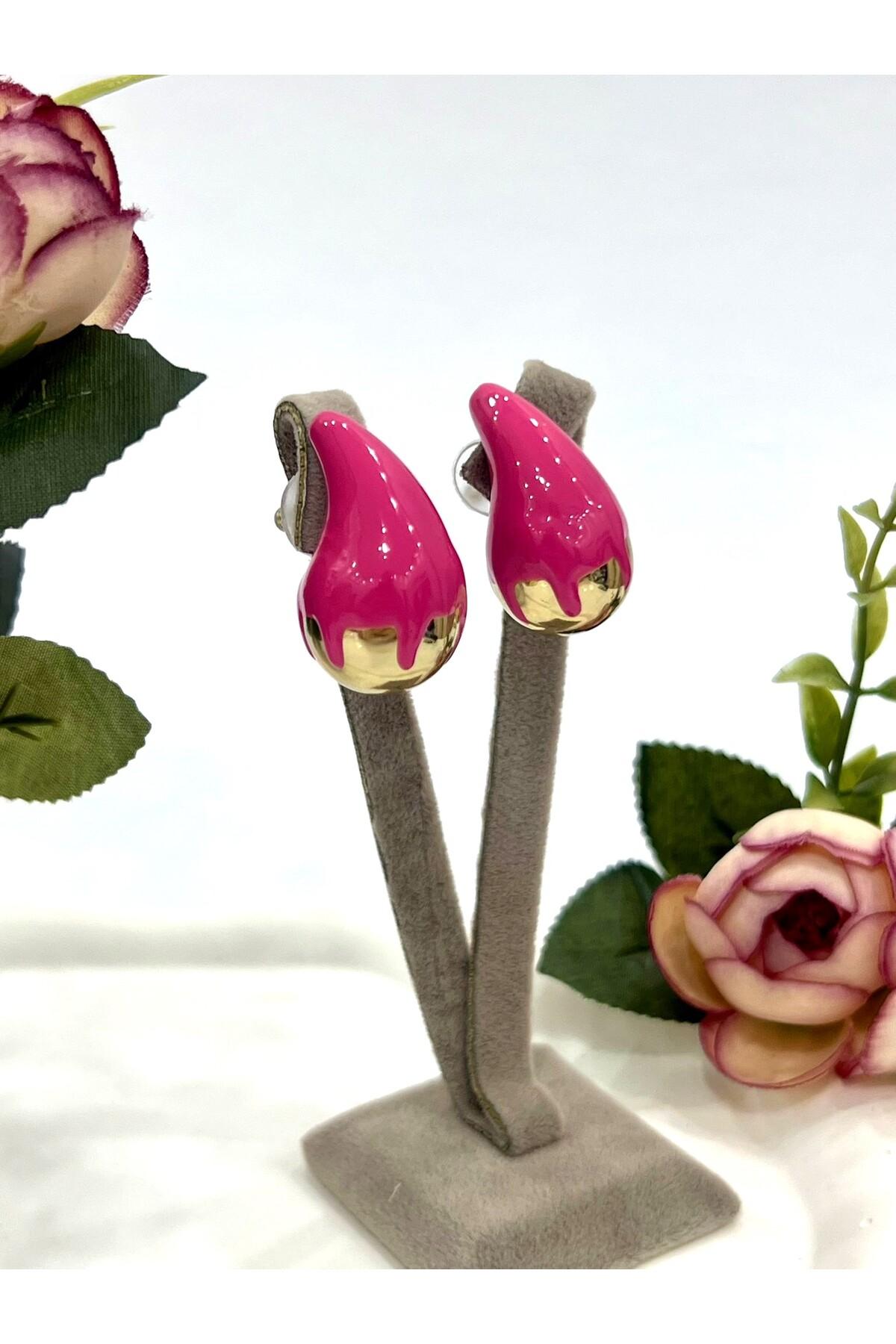 Tasarım Mineli Damla Küpe Pembe (1,5x3cm) - Görsel 2