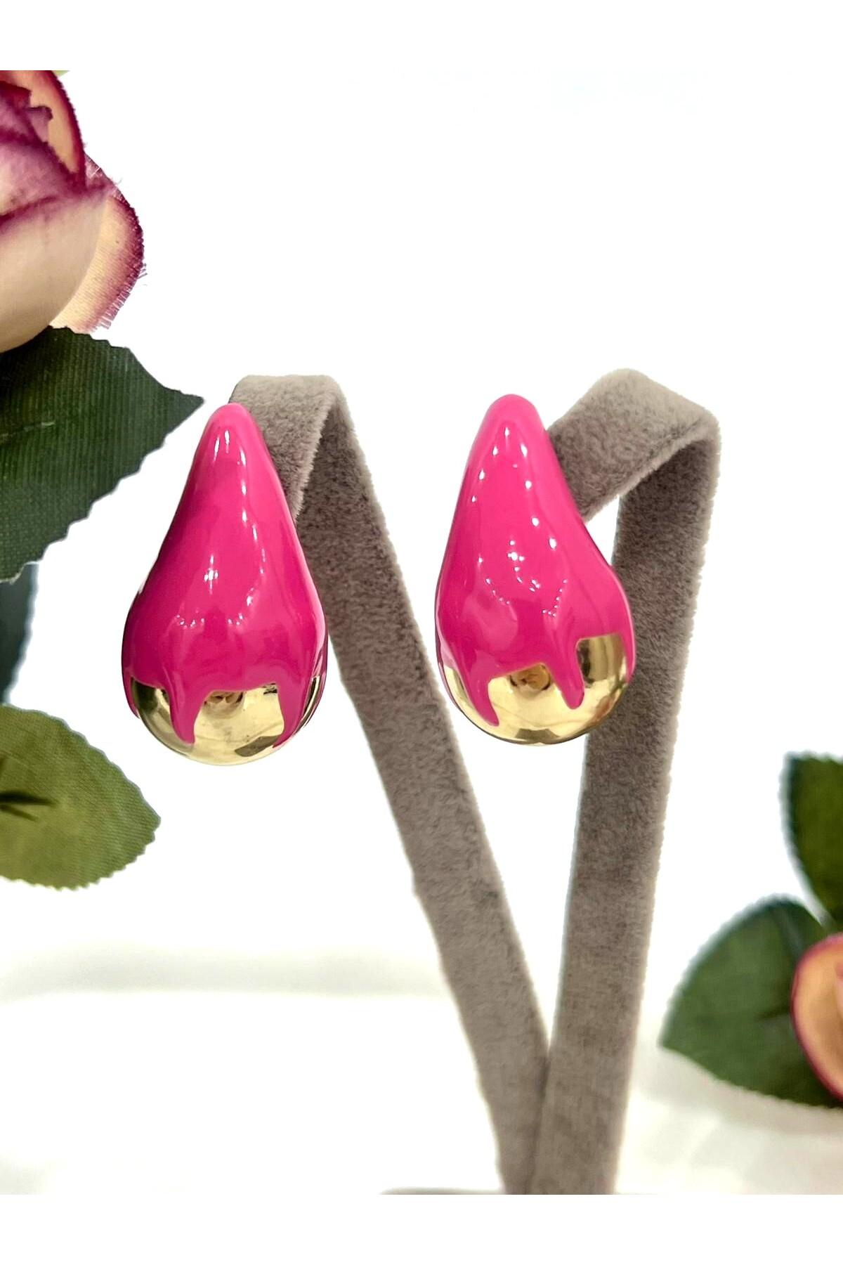 Tasarım Mineli Damla Küpe Pembe (1,5x3cm) - Görsel 4