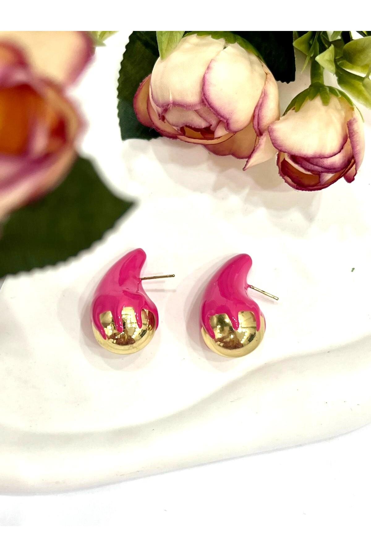 Tasarım Mineli Damla Küpe Pembe (1,5x3cm) - Görsel 5