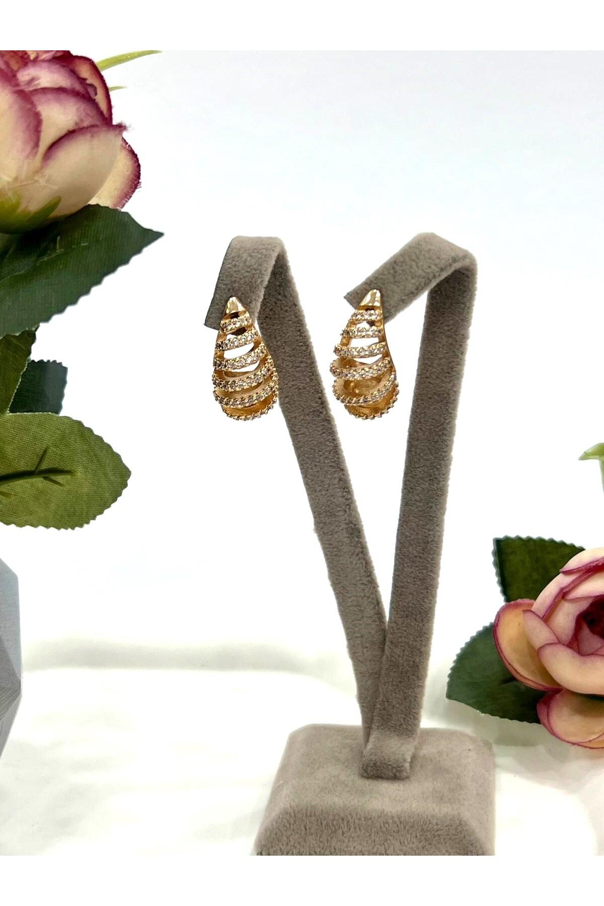 Zirkon Taşlı Kesik Bombeli Plaka Damla Model Küpe (18K ROSE/1,5X2CM) - Görsel 4