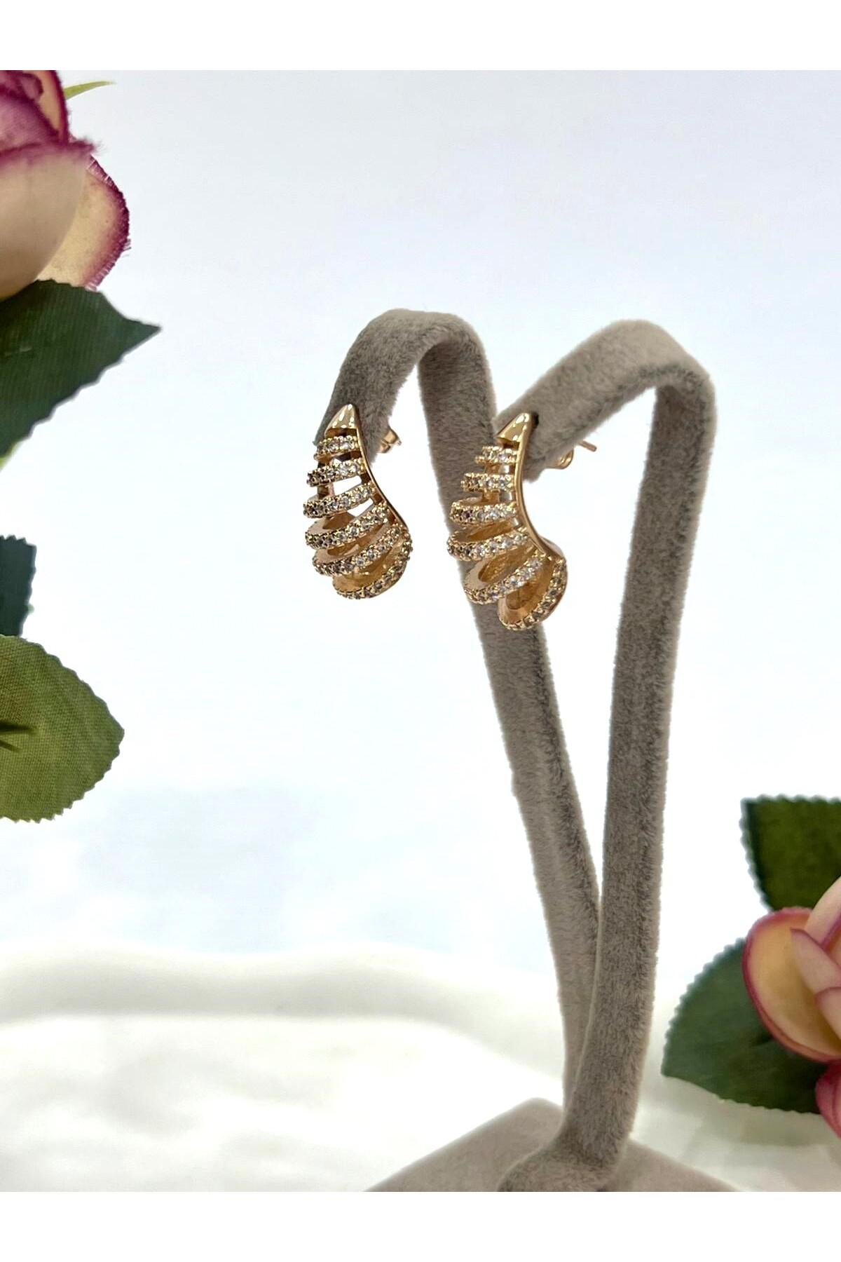 Zirkon Taşlı Kesik Bombeli Plaka Damla Model Küpe (18K ROSE/1,5X2CM) - Görsel 3