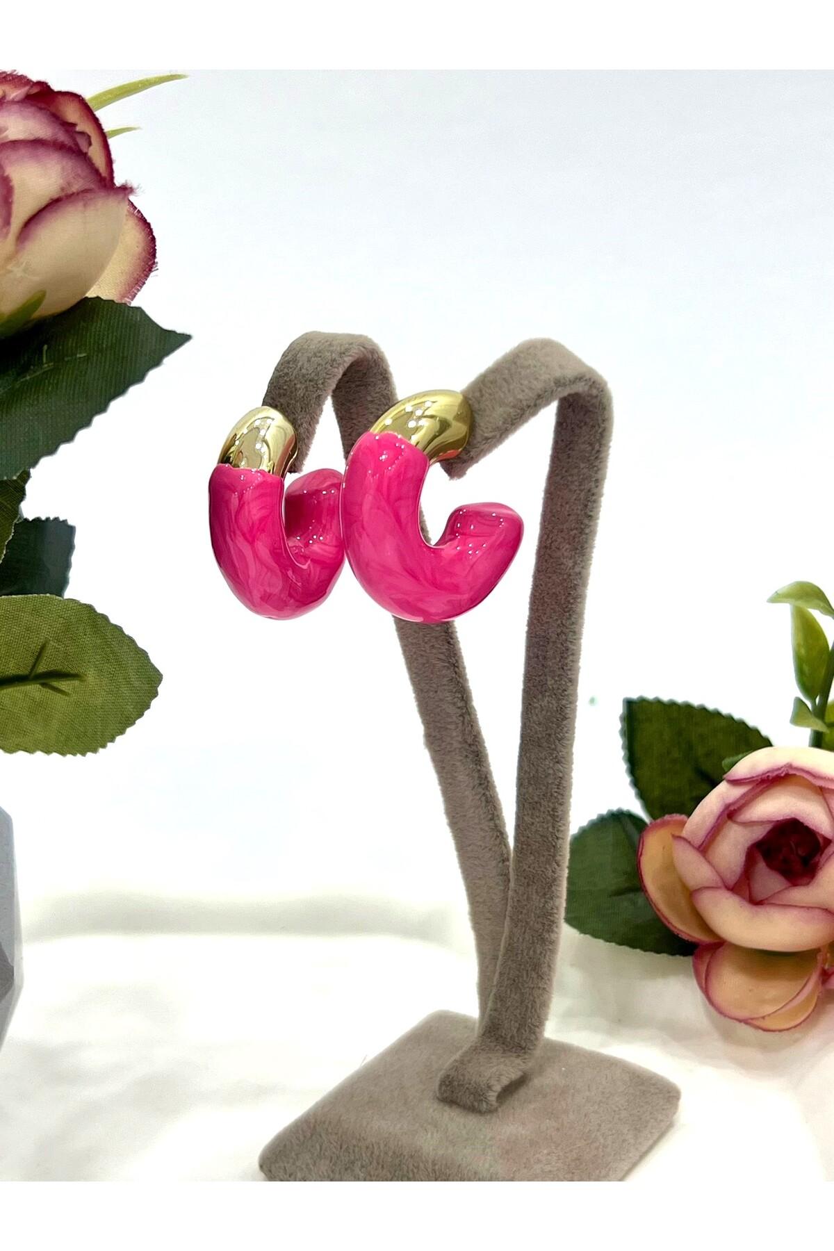 Krem Rengi Pembe Çift Renk Küpe (3x3cm)