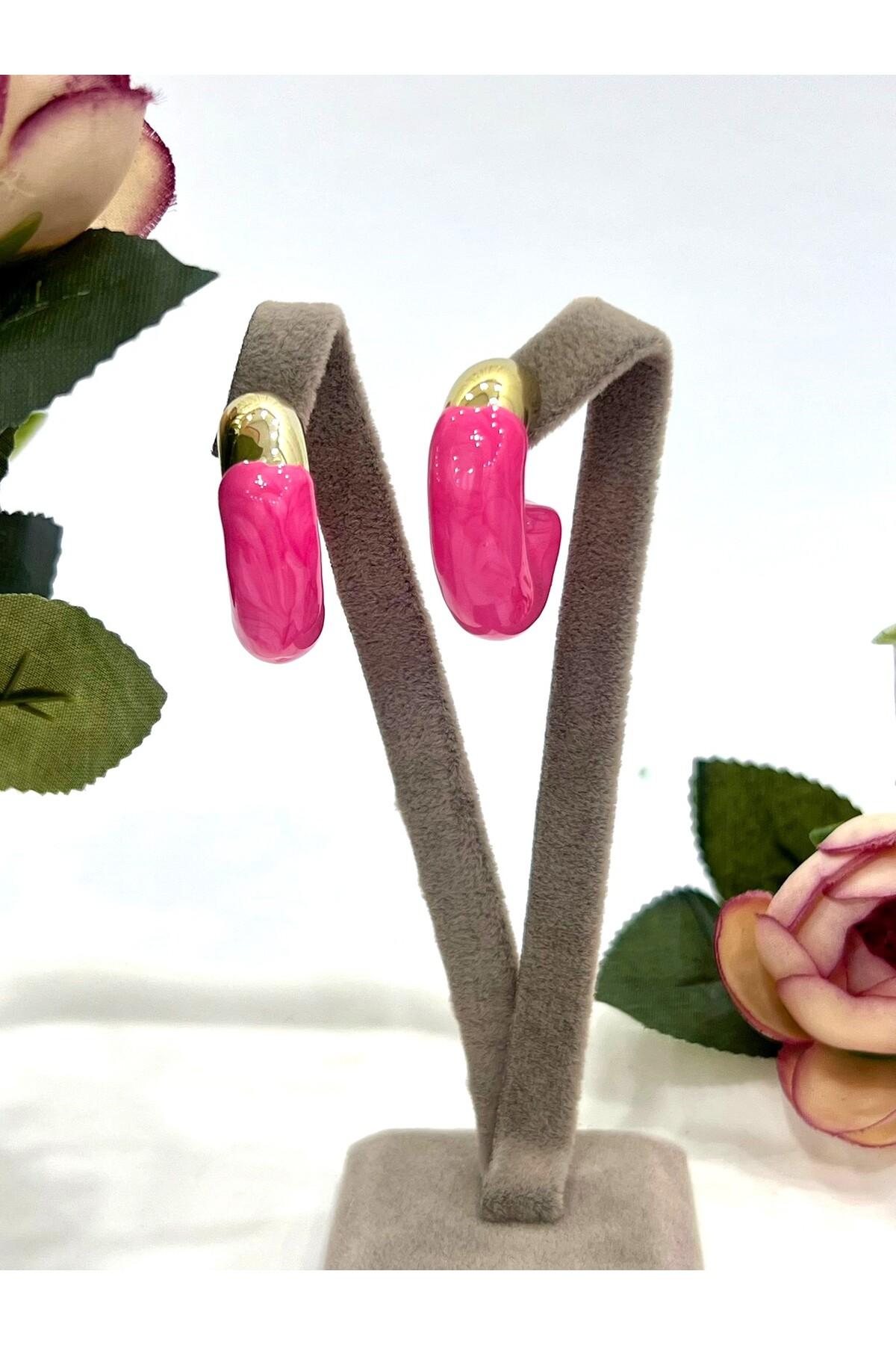 Krem Rengi Pembe Çift Renk Küpe (3x3cm) - Görsel 4