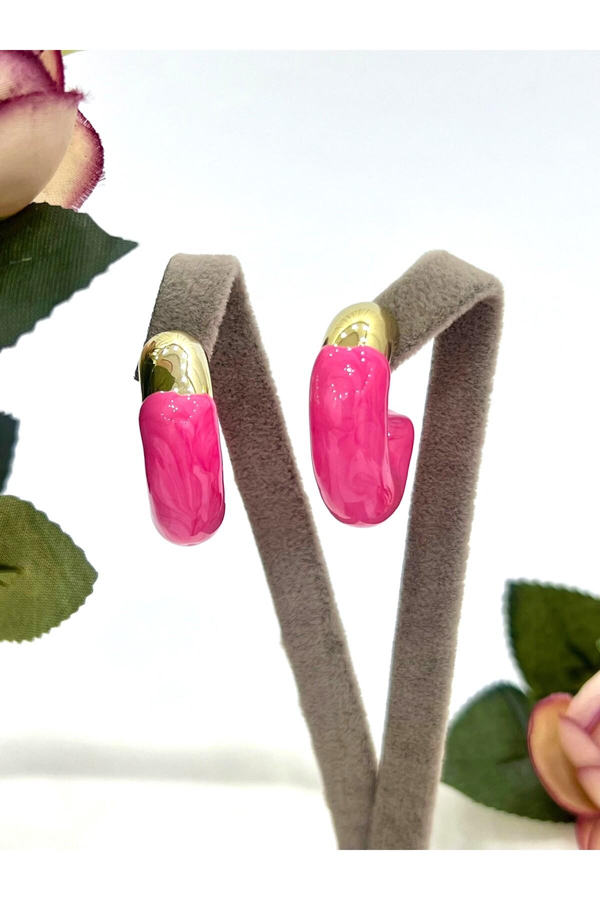 Krem Rengi Pembe Çift Renk Küpe (3x3cm) - Görsel 5