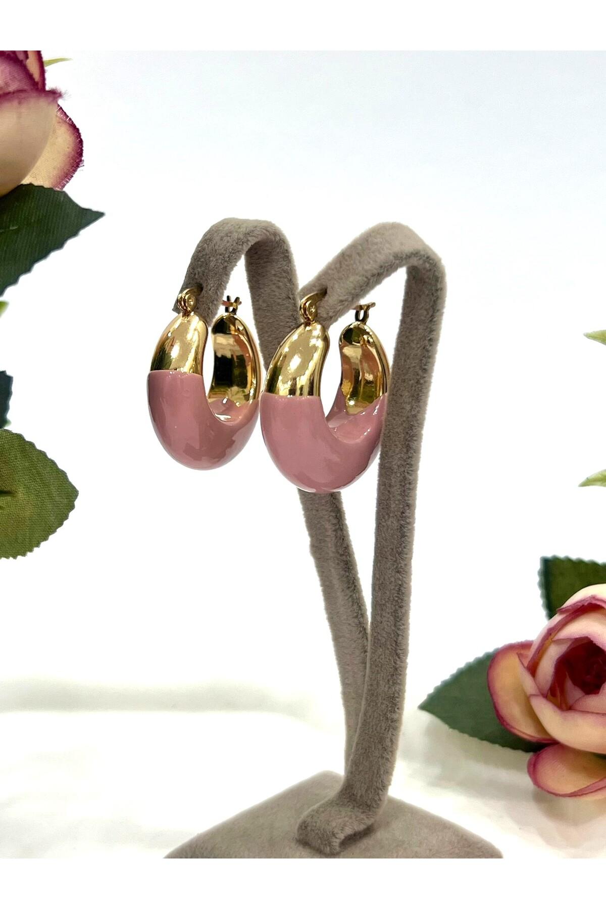 Mineli Tam Halka Metal Gold Pembe Küpe (3x3cm) - Görsel 2