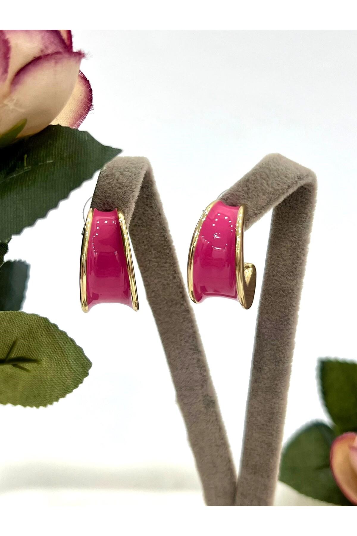 Mineli Halka Pembe Küpe (2x2cm) - Görsel 4