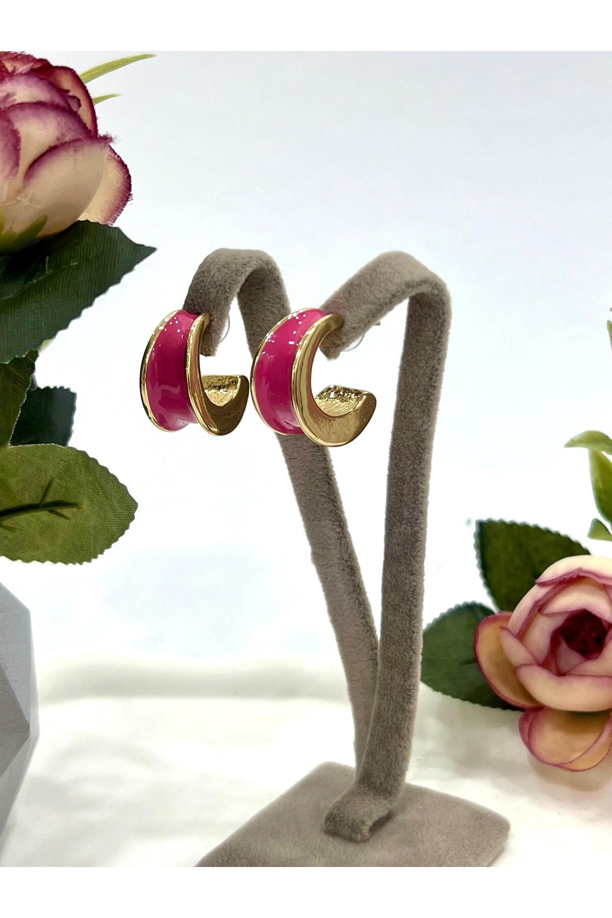 Mineli Halka Pembe Küpe (2x2cm) - Görsel 5