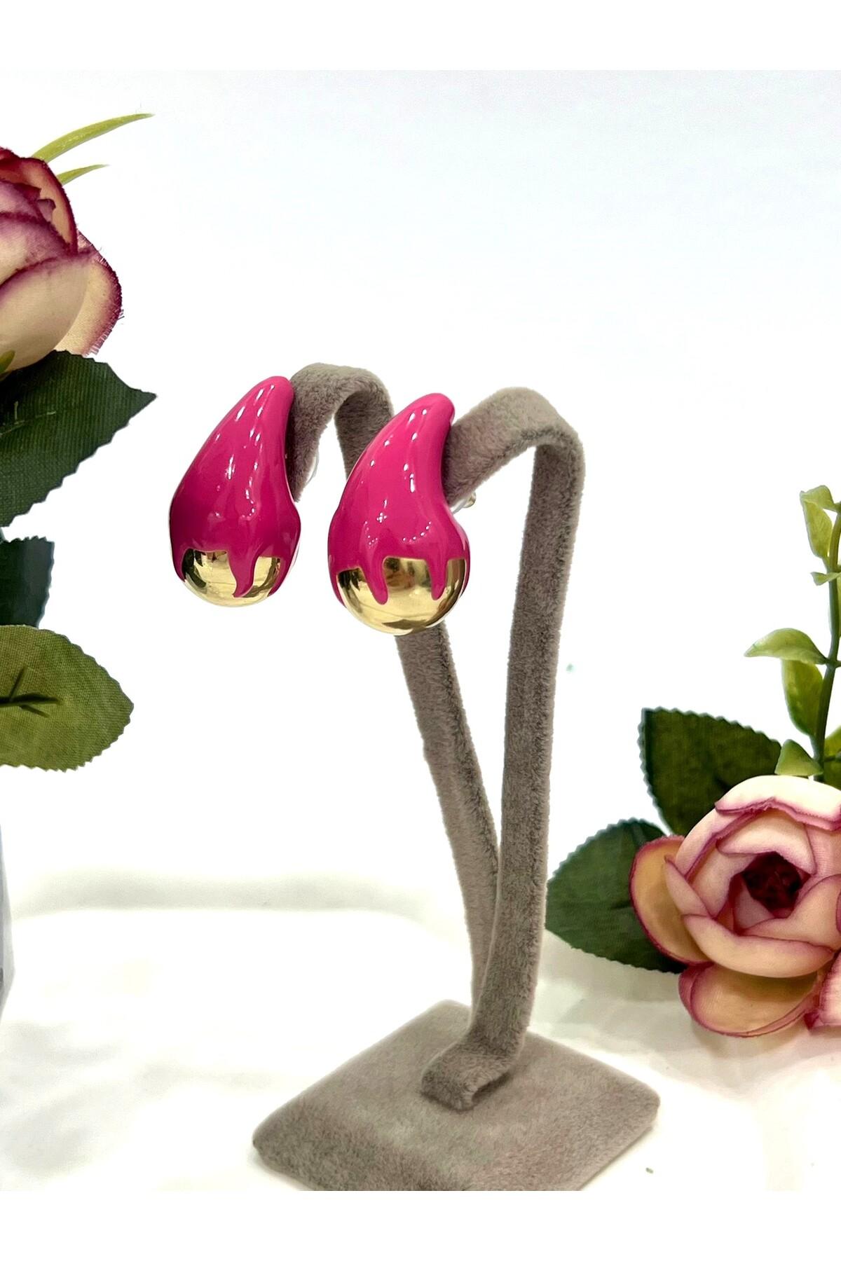 Tasarım Mineli Damla Küpe Pembe (1,5x3cm)