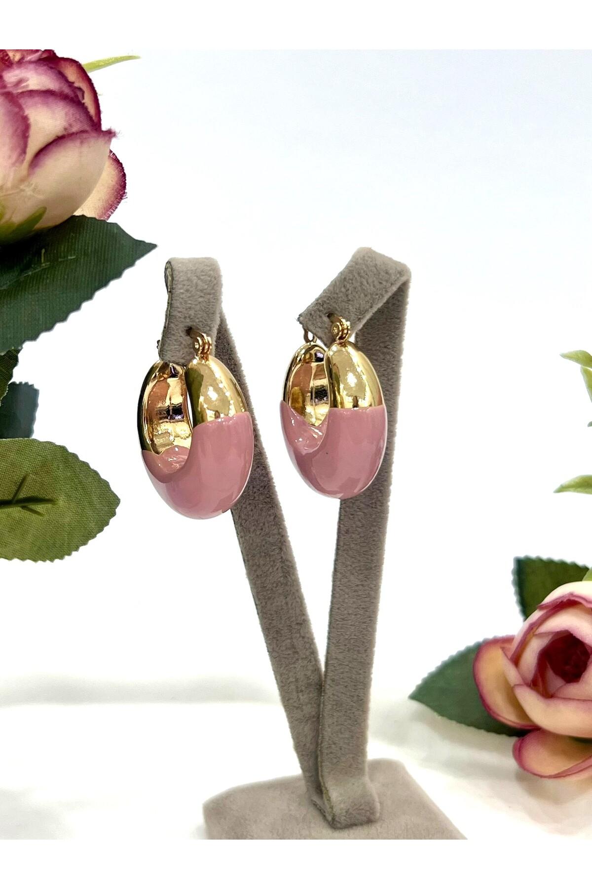 Mineli Tam Halka Metal Gold Pembe Küpe (3x3cm)